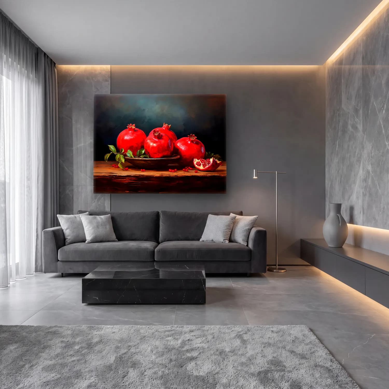 Yağlı Boya Nar cam tablo — lüks salon duvarında