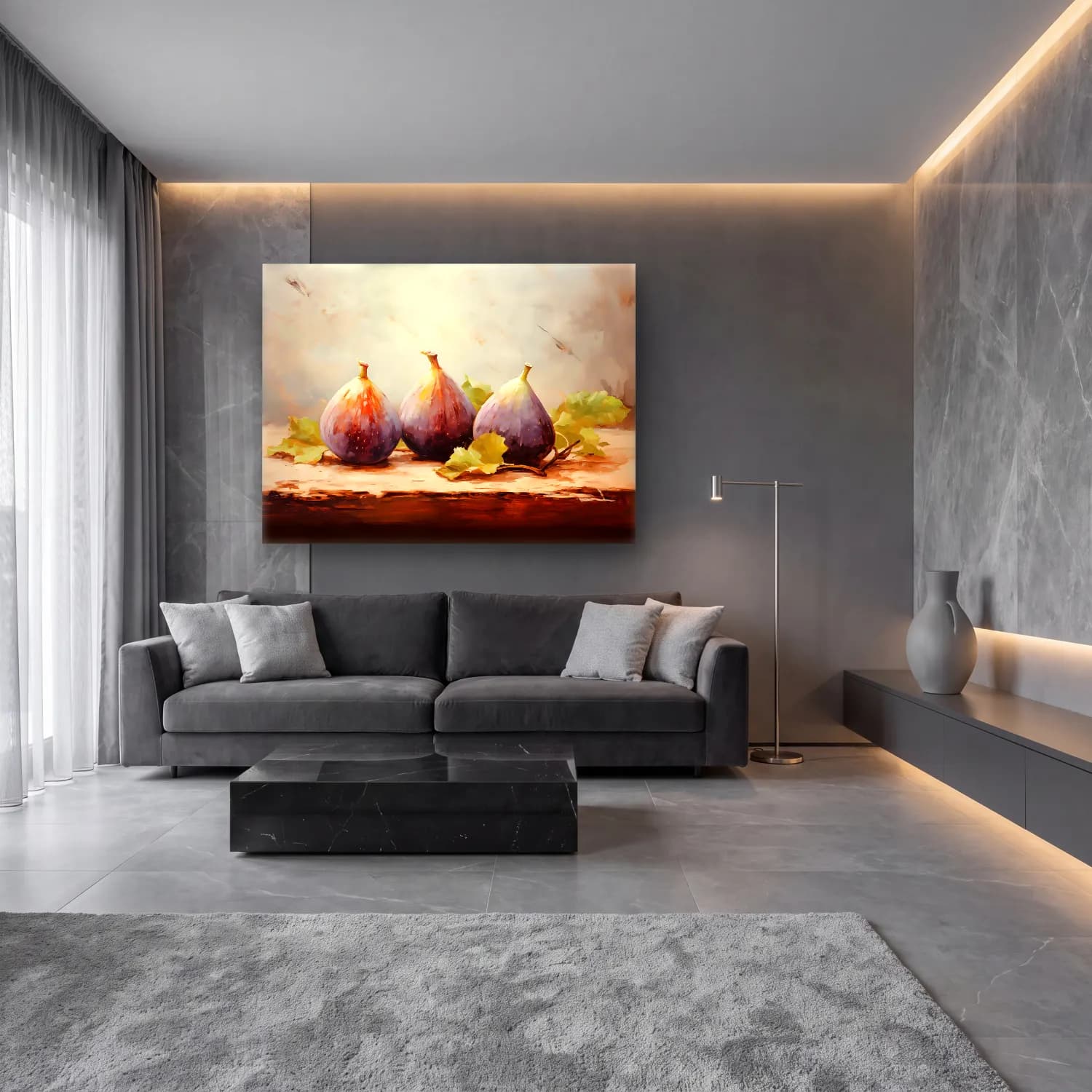 Yağlı Boya İncirler cam tablo — lüks salon duvarında