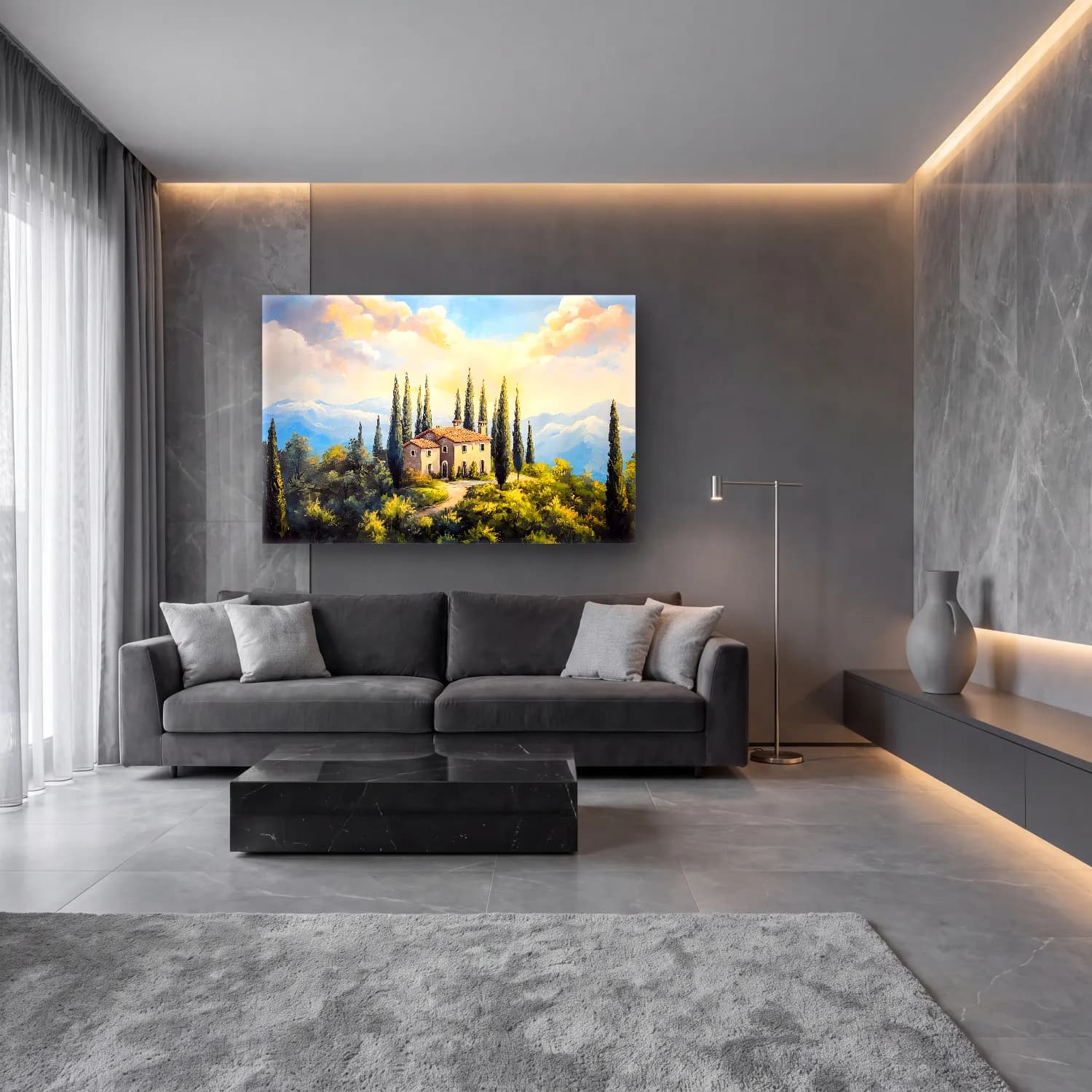 Yağlı Boya Kır Evi No. 35 cam tablo — lüks salon duvarında