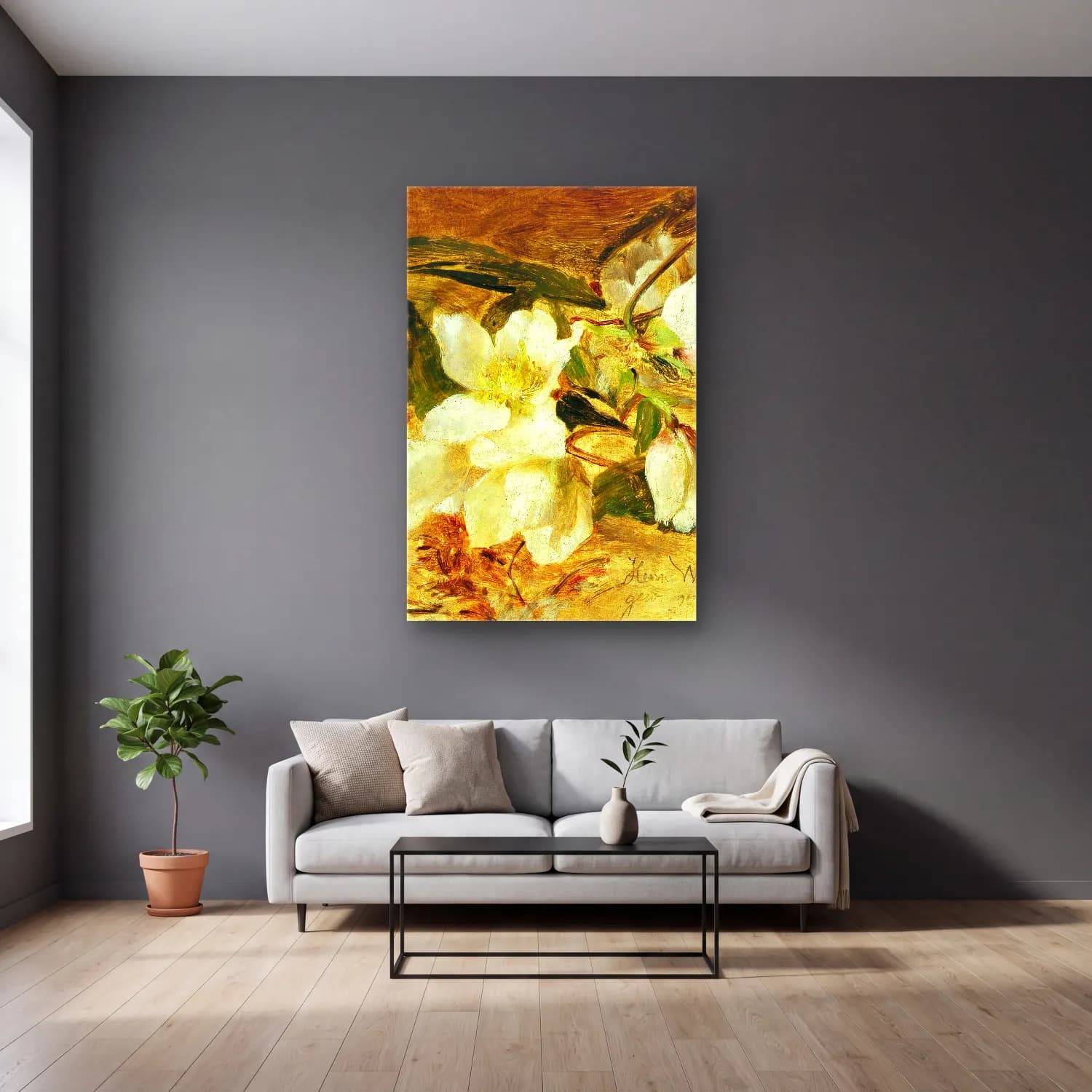 Olga Wisinger-Florian – Black hellebore cam tablo — gri duvarlı salonda