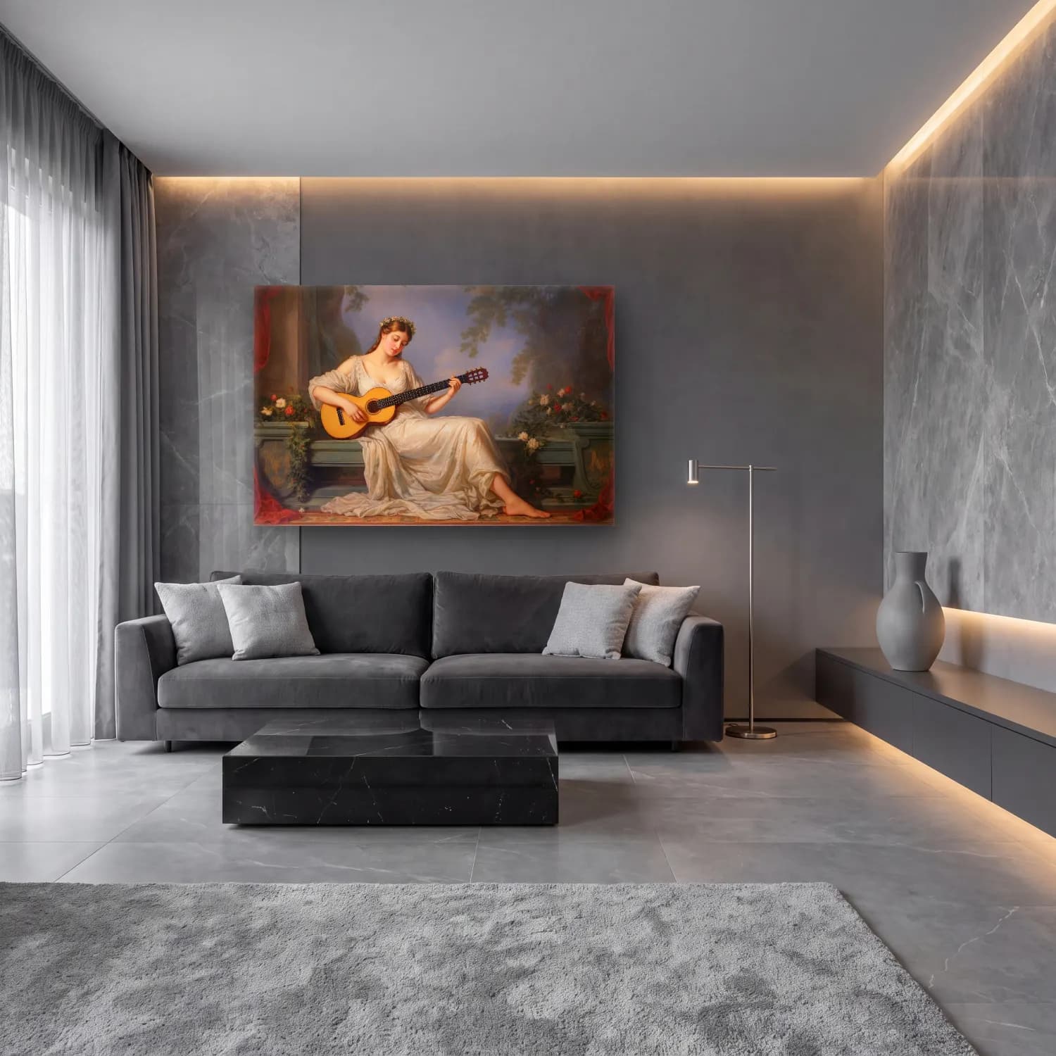 Yağlı Boya Gitar – Pastel Tonlar cam tablo — lüks salon duvarında