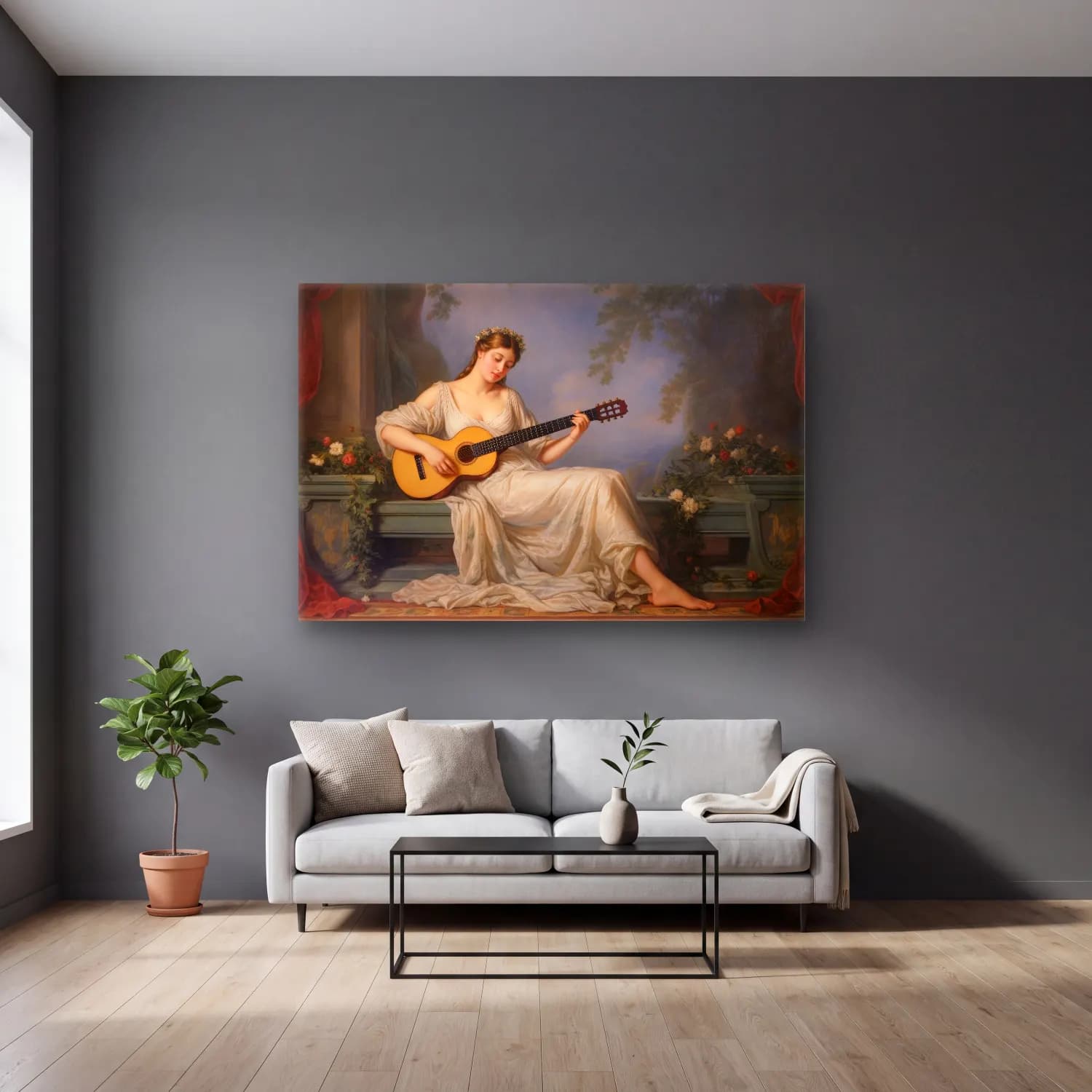 Yağlı Boya Gitar – Pastel Tonlar cam tablo — gri duvarlı salonda