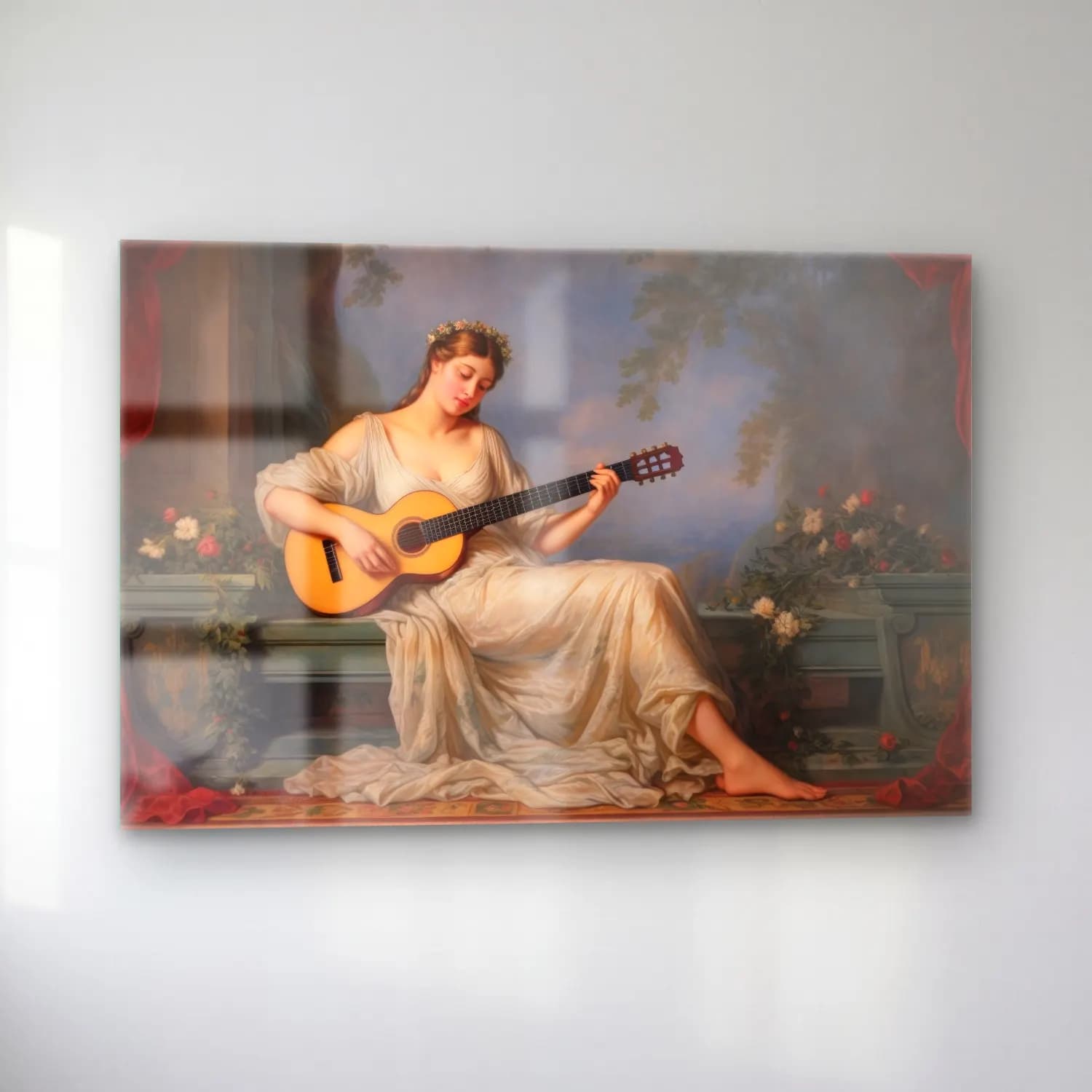Yağlı Boya Gitar – Pastel Tonlar cam tablo — sol açıdan görünüm