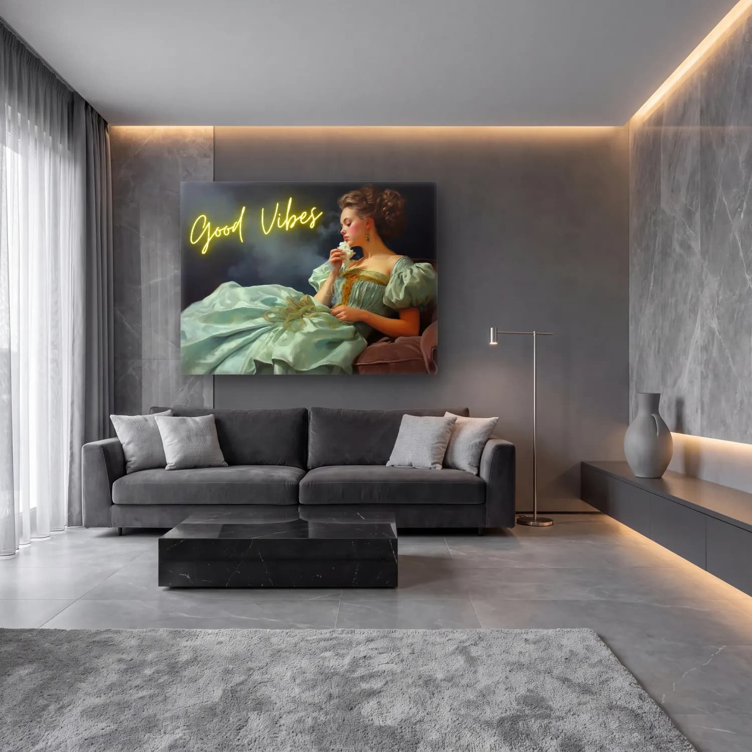 Pastel Elbiseli Kadın No. 5 cam tablo — lüks salon duvarında