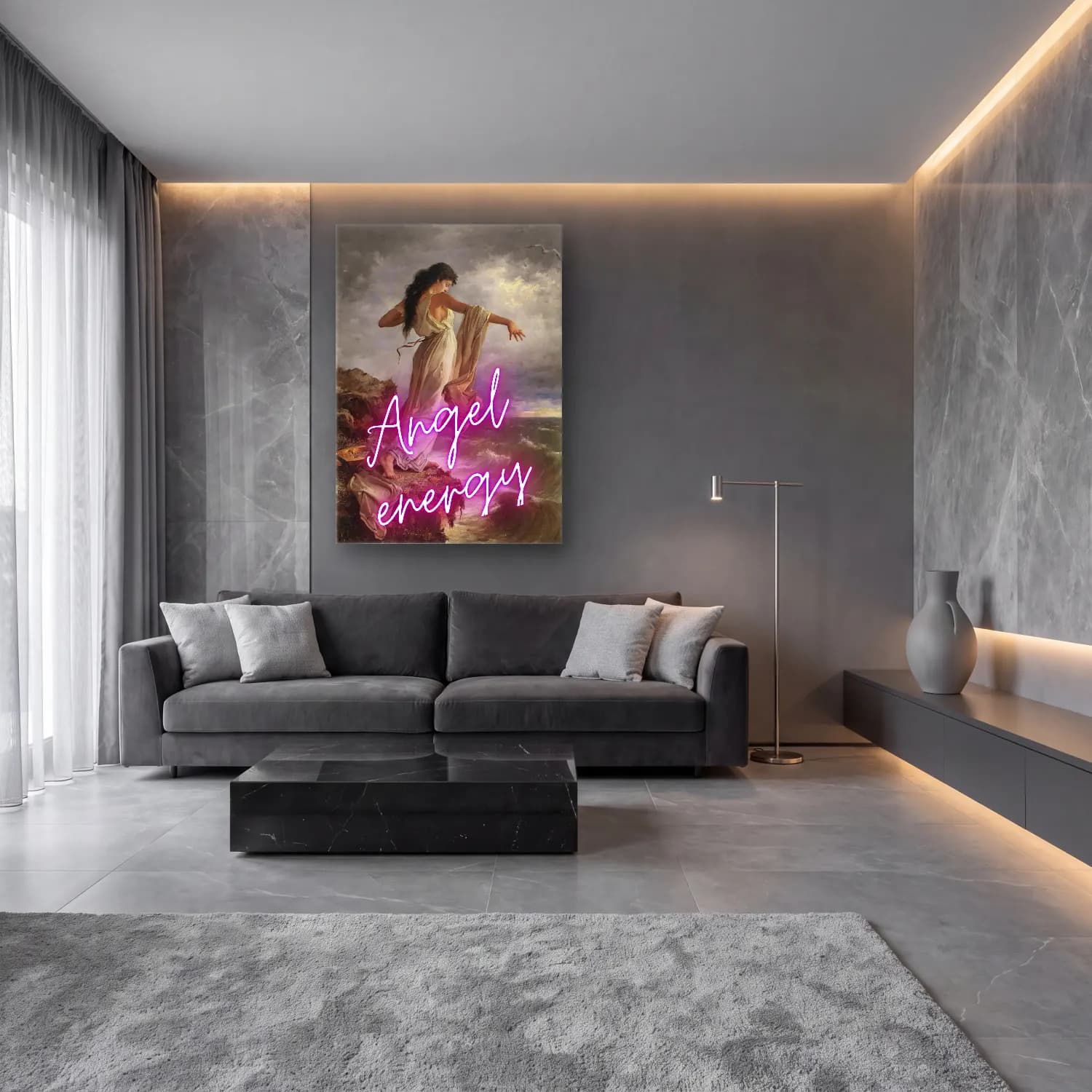 Pastel Melek No. 3 cam tablo — lüks salon duvarında