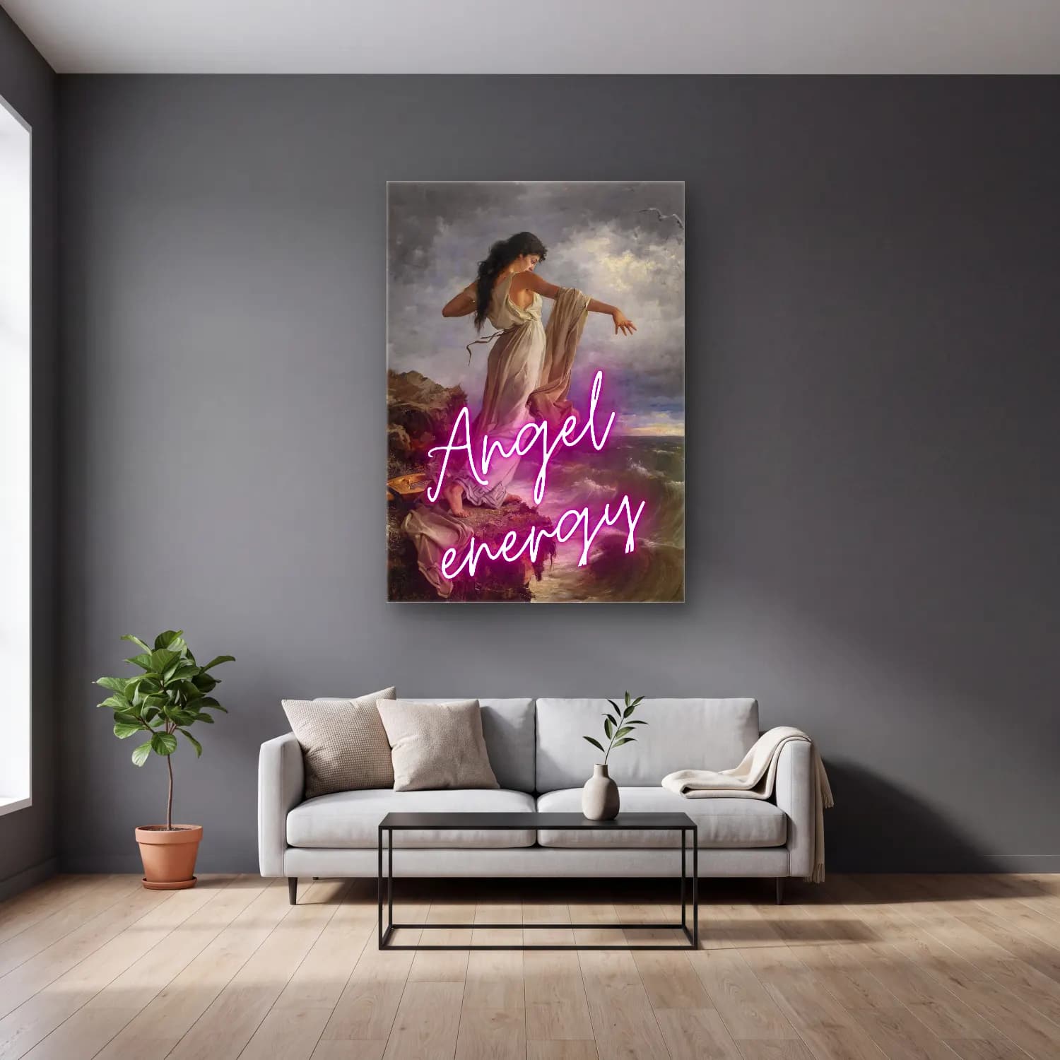 Pastel Melek No. 3 cam tablo — gri duvarlı salonda