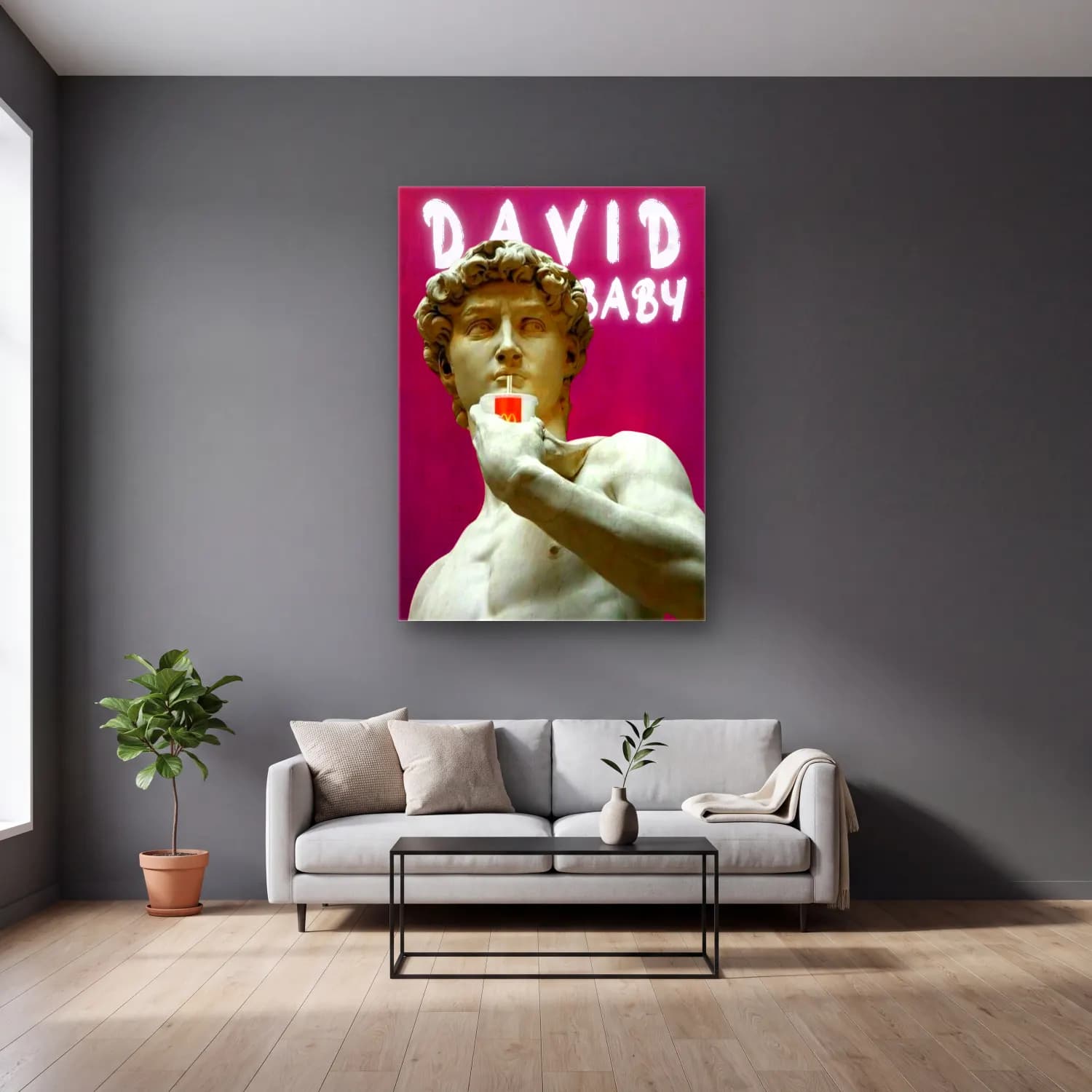Vintage Poster Makarna No. 2 cam tablo — gri duvarlı salonda