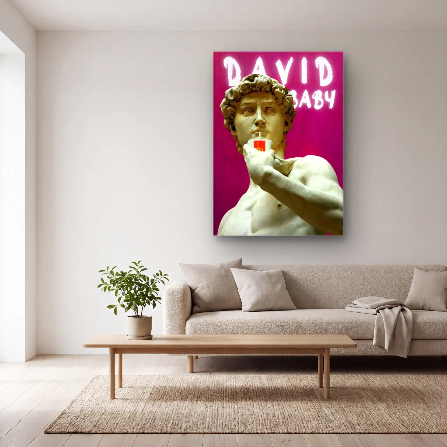 Vintage Poster Makarna No. 2 cam tablo — açık renk salonda