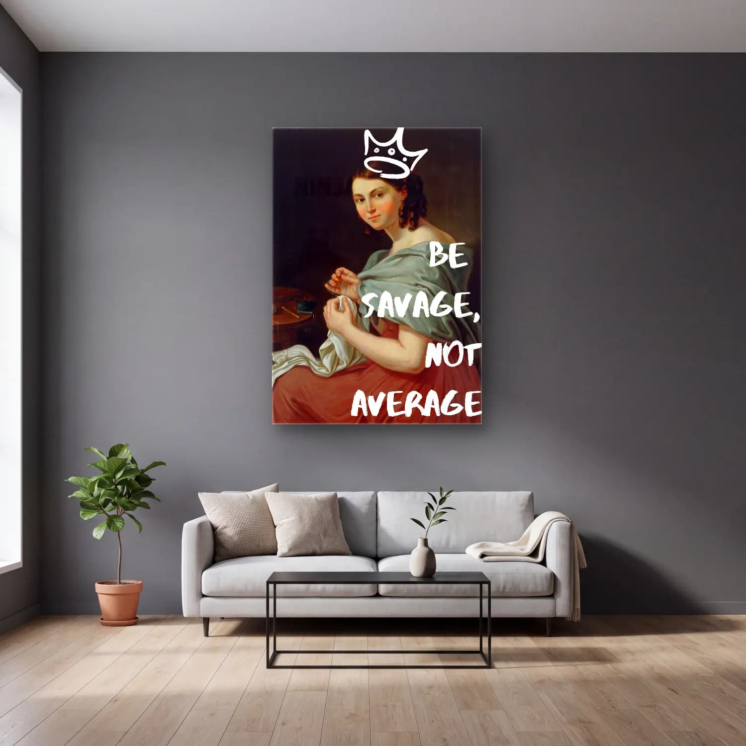 Vintage Poster Kadın Portresi No. 7 cam tablo — gri duvarlı salonda