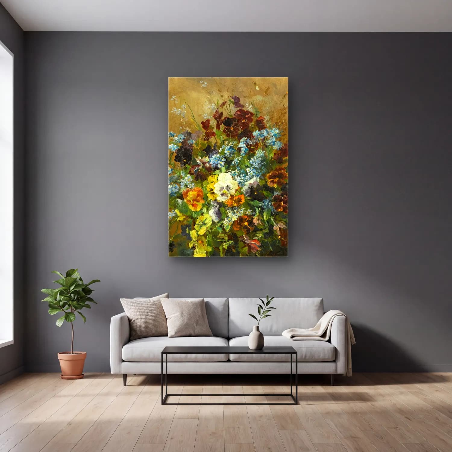 Olga Wisinger-Florian – Still Leben Mit Stiefmütterchen (Still Life With Pansies) cam tablo — gri duvarlı salonda
