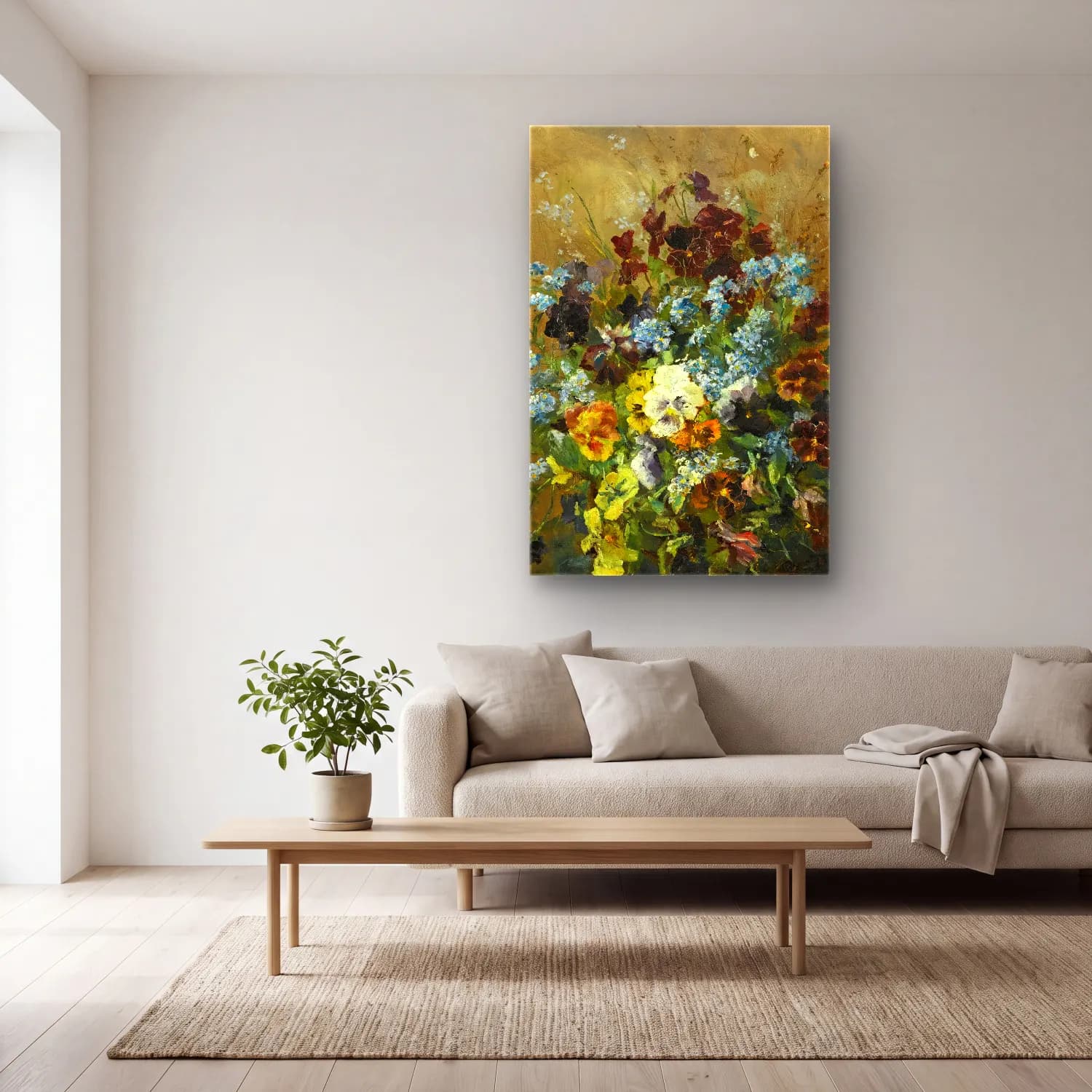 Olga Wisinger-Florian – Still Leben Mit Stiefmütterchen (Still Life With Pansies) cam tablo — açık renk salonda