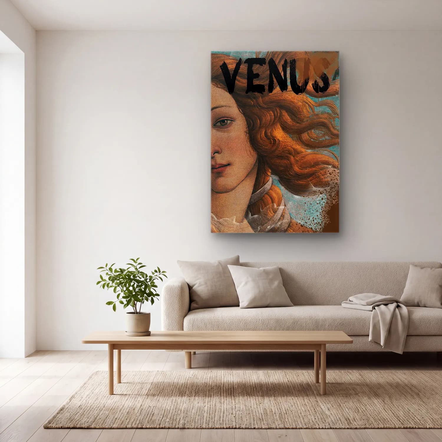 Vintage Poster Kadın Portresi – Turkuaz Tonlar cam tablo — açık renk salonda