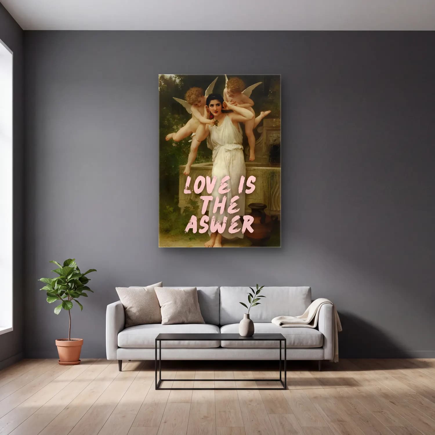 Vintage Poster Aşıklar – Bej Tonlar cam tablo — gri duvarlı salonda
