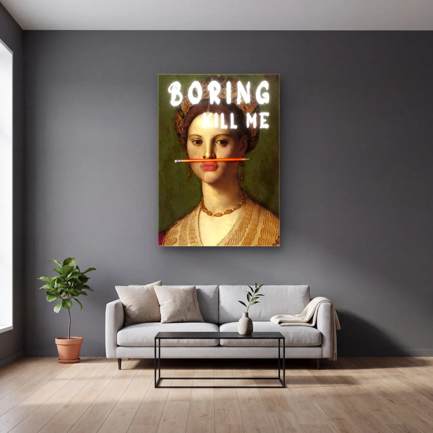 Vintage Poster Kadın Portresi No. 18 cam tablo — gri duvarlı salonda