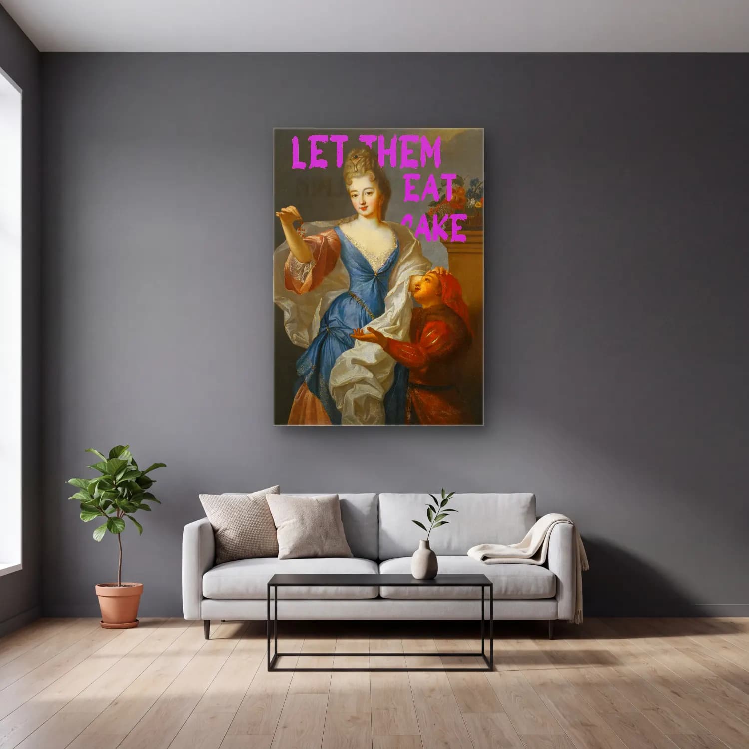 Vintage Poster Tatlılar – Pembe Tonlar cam tablo — gri duvarlı salonda