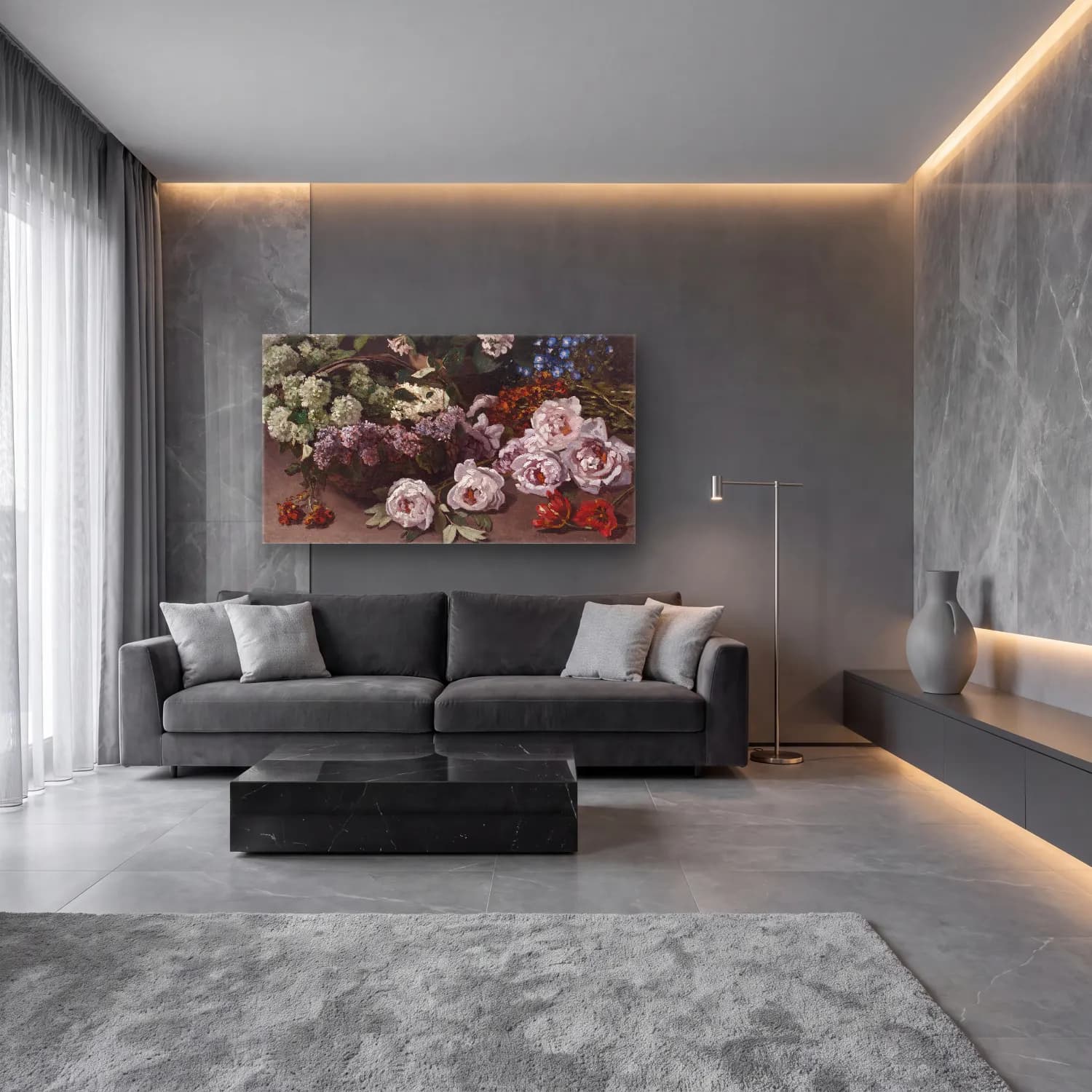 Claude Monet – Spring Flowers – Siyah Beyaz Tonlar cam tablo — lüks salon duvarında