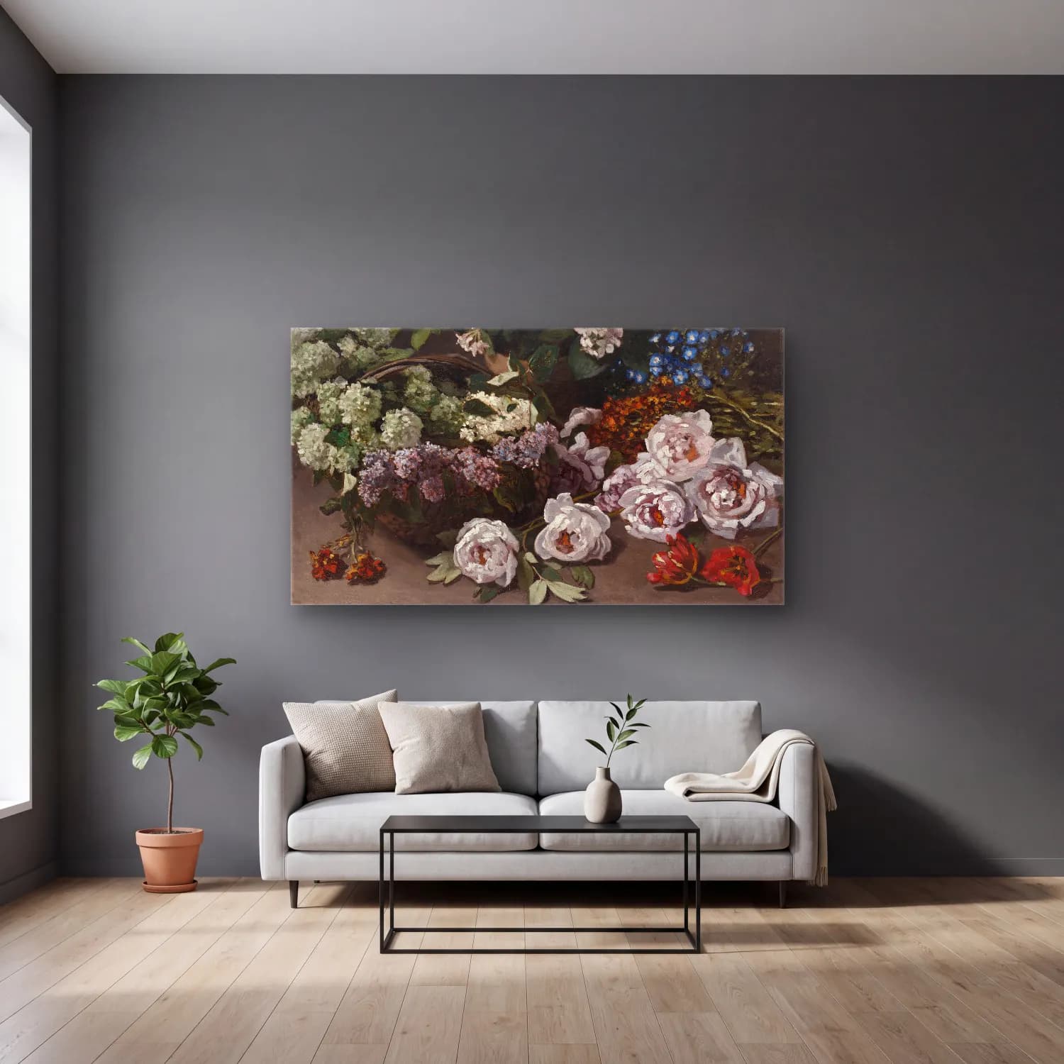 Claude Monet – Spring Flowers – Siyah Beyaz Tonlar cam tablo — gri duvarlı salonda