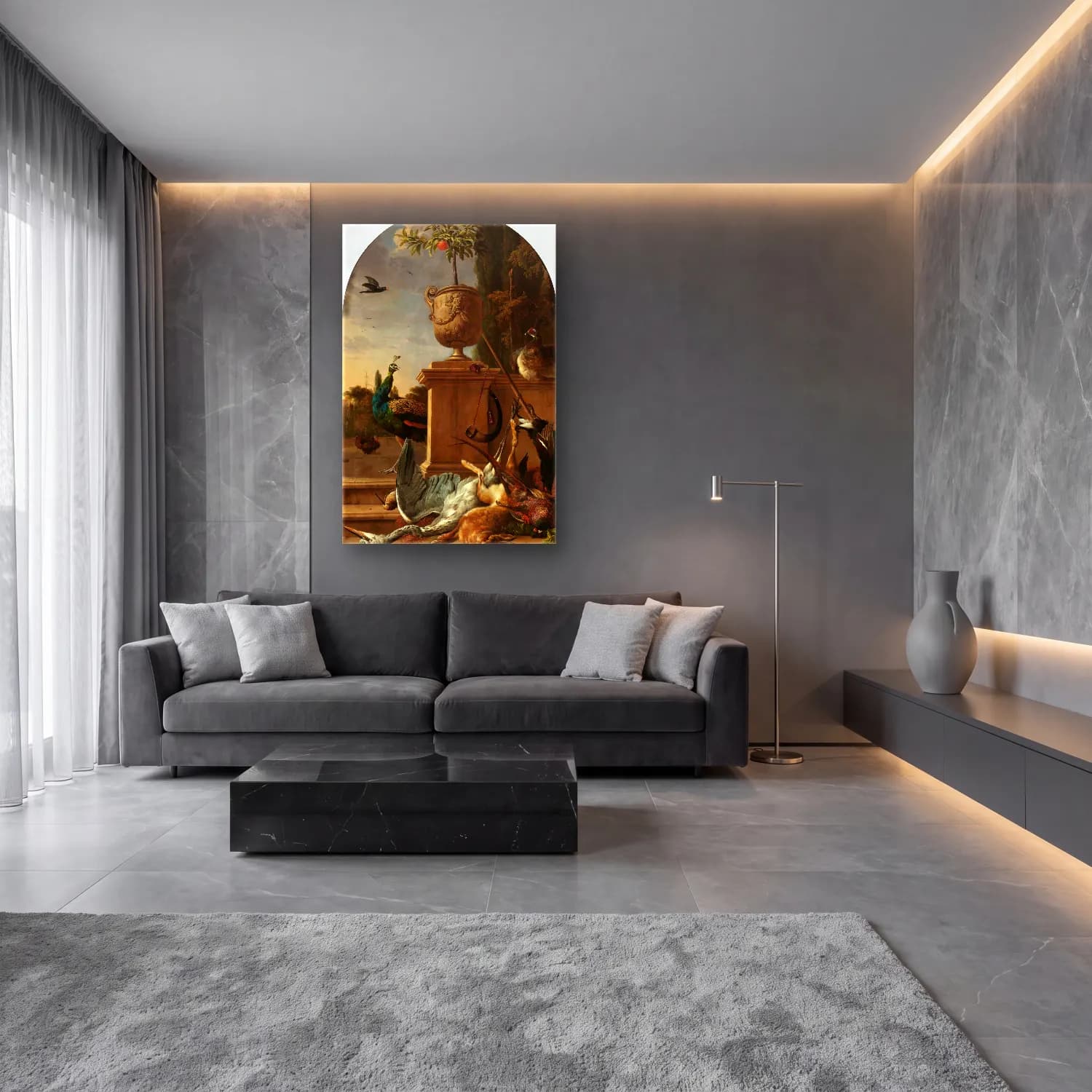 Yağlı Boya Vazo – Turkuaz Tonlar cam tablo — lüks salon duvarında
