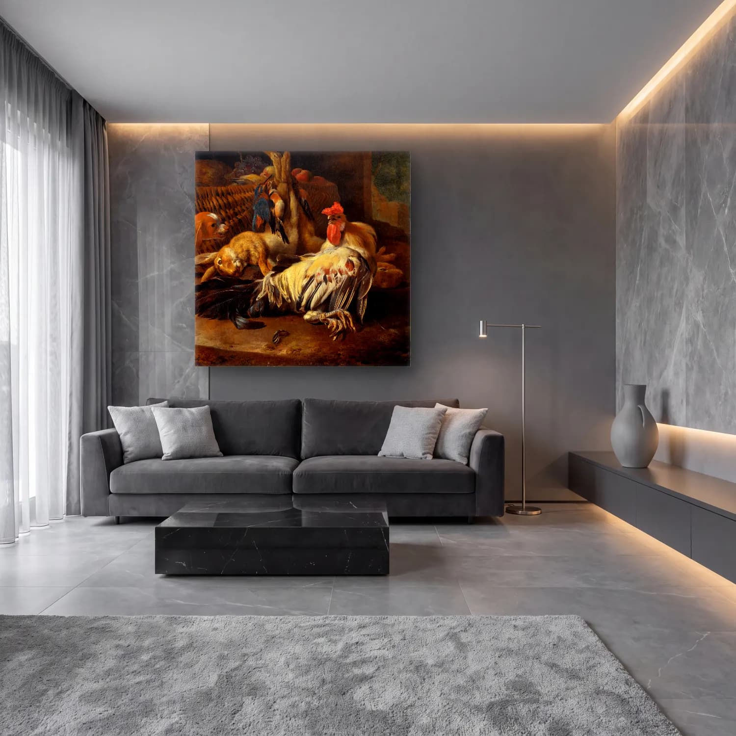 Yağlı Boya Horoz No. 4 cam tablo — lüks salon duvarında