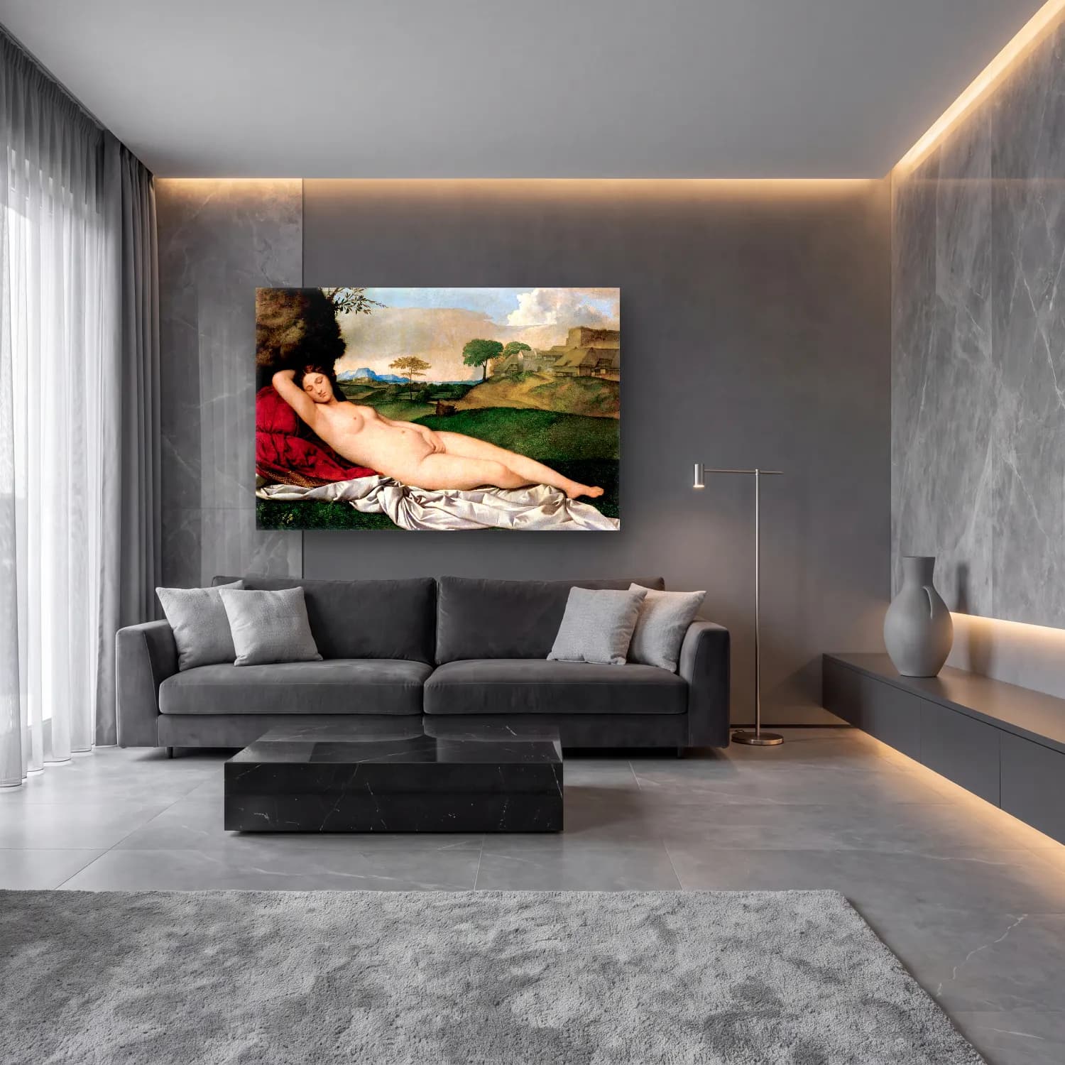 Yağlı Boya Figür Çalışması – Siyah Beyaz Tonlar cam tablo — lüks salon duvarında