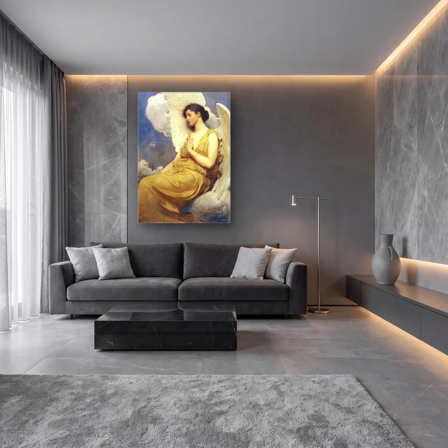 Yağlı Boya Melek – Bej Tonlar cam tablo — lüks salon duvarında