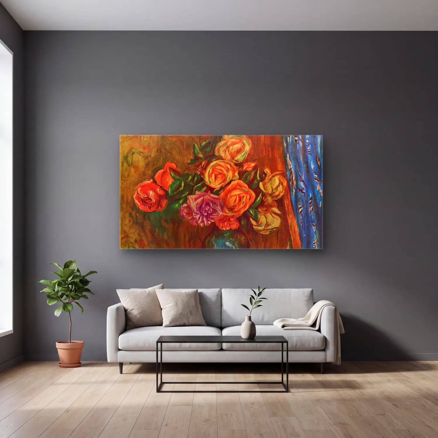Pierre-Auguste Renoir – Still life Roses cam tablo — gri duvarlı salonda