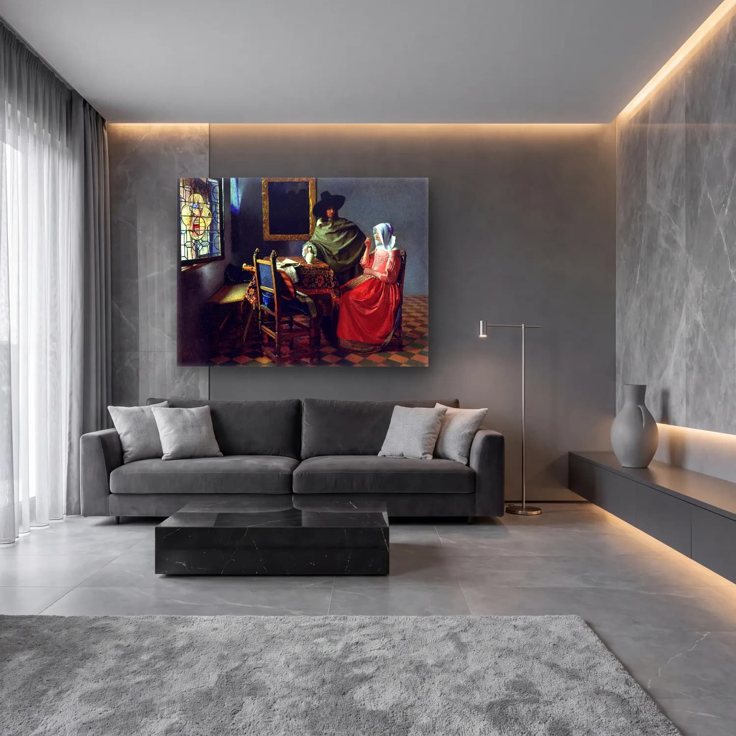Yağlı Boya Kadeh Şarap – Mor Tonlar cam tablo — lüks salon duvarında