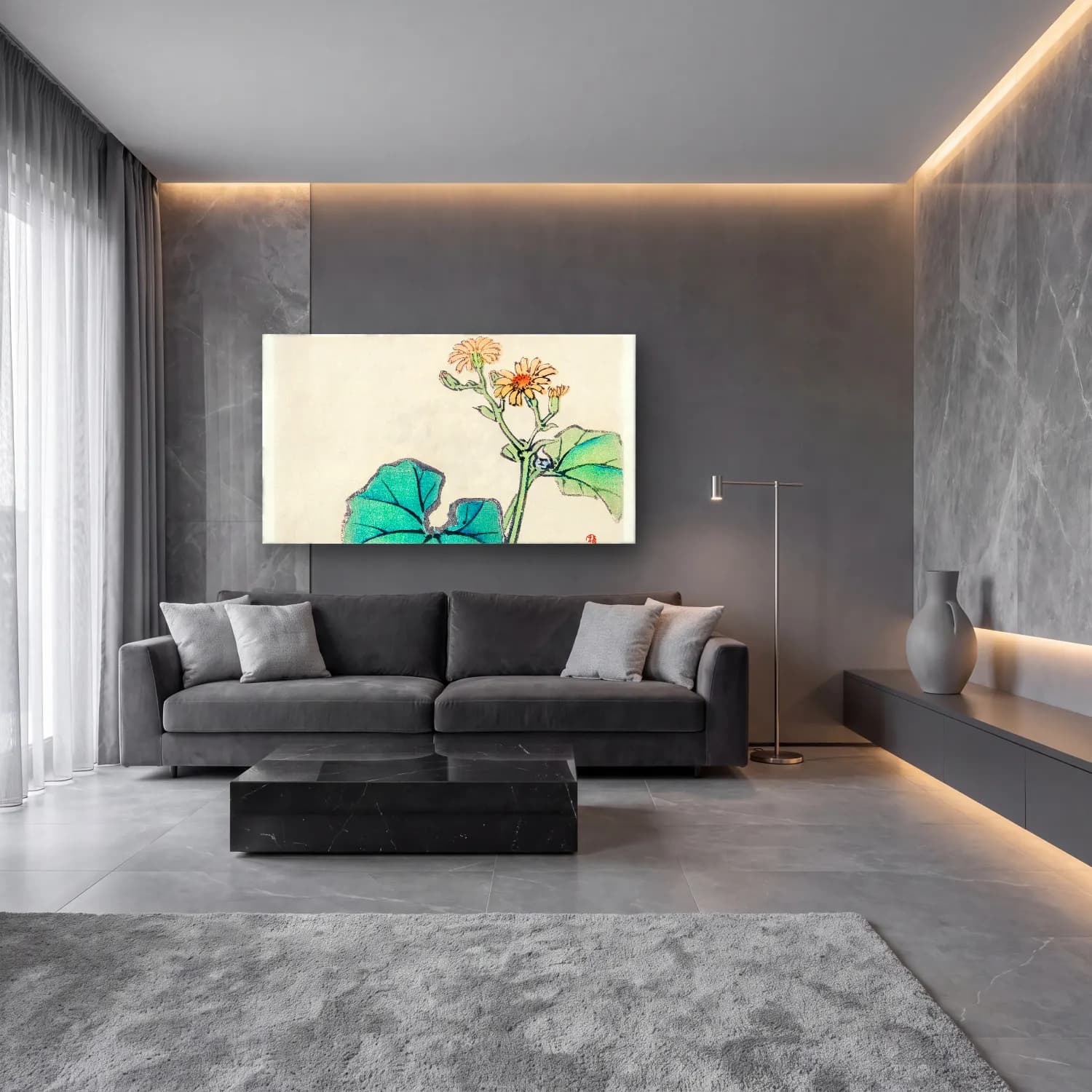 Botanik İllüstrasyon Lotus Çiçekleri No. 9 cam tablo — lüks salon duvarında
