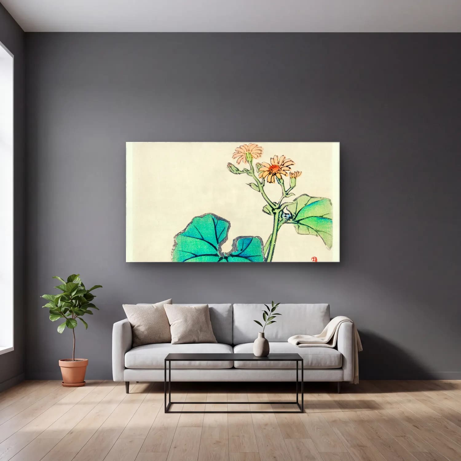 Botanik İllüstrasyon Lotus Çiçekleri No. 9 cam tablo — gri duvarlı salonda