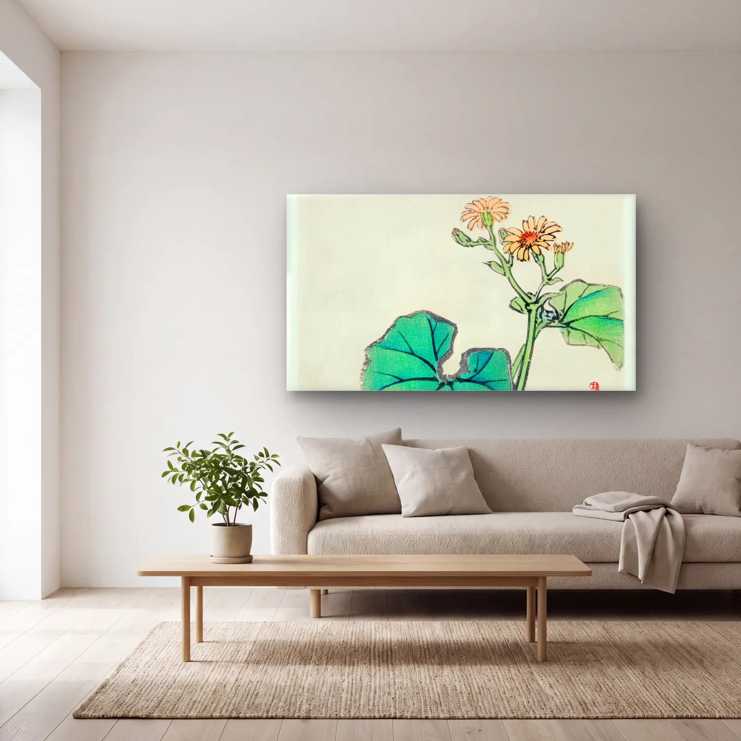 Botanik İllüstrasyon Lotus Çiçekleri No. 9 cam tablo — açık renk salonda