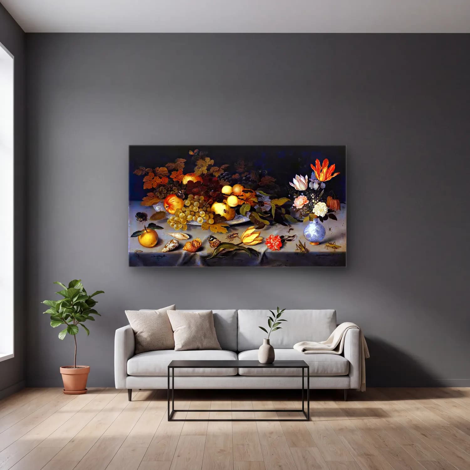 Balthasar van der Ast – Flowers and Fruit cam tablo — gri duvarlı salonda