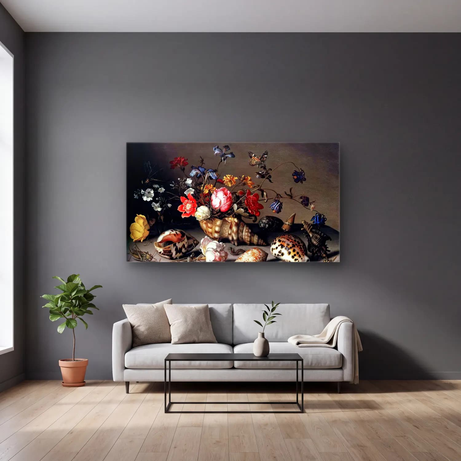 Balthasar van der Ast – Still-Life of Flowers, Shells, and Insects cam tablo — gri duvarlı salonda
