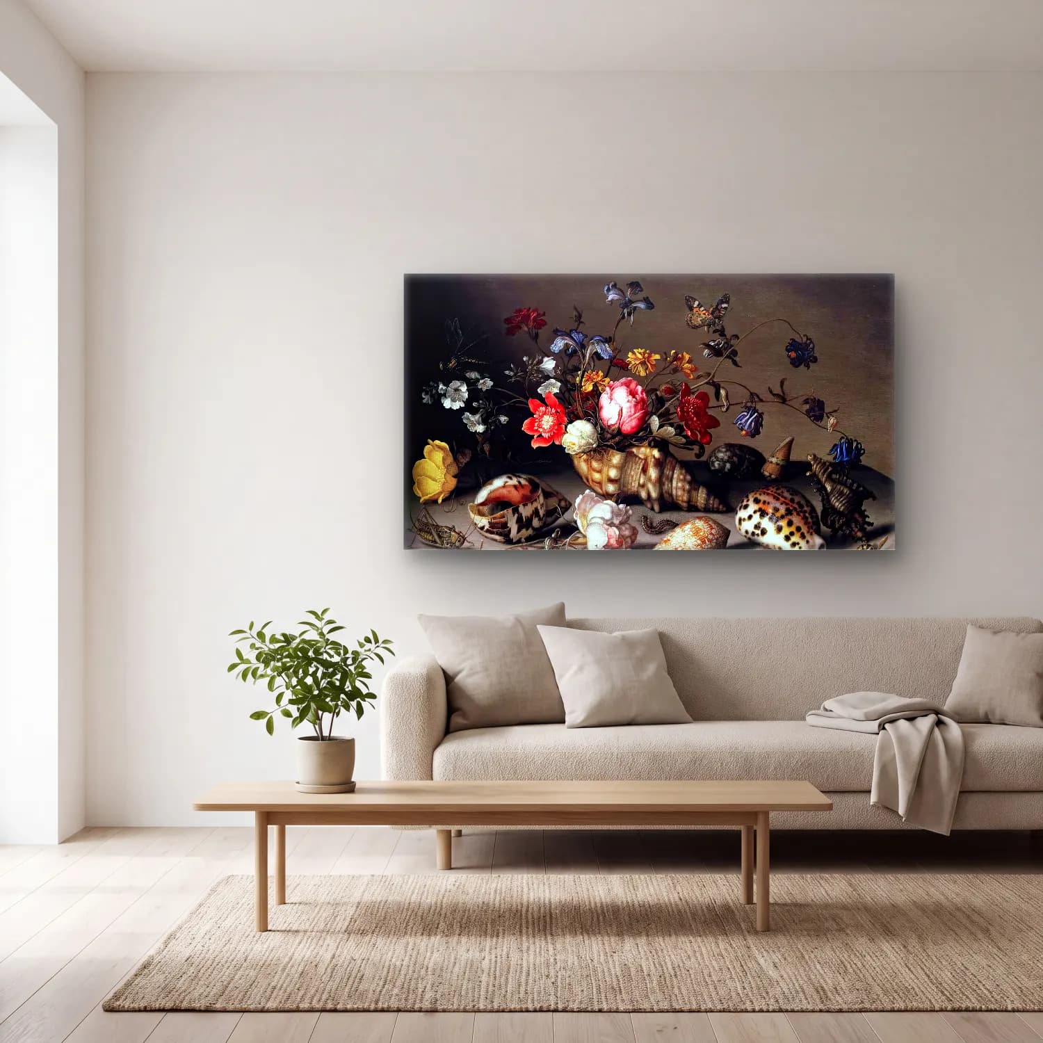Balthasar van der Ast – Still-Life of Flowers, Shells, and Insects cam tablo — açık renk salonda