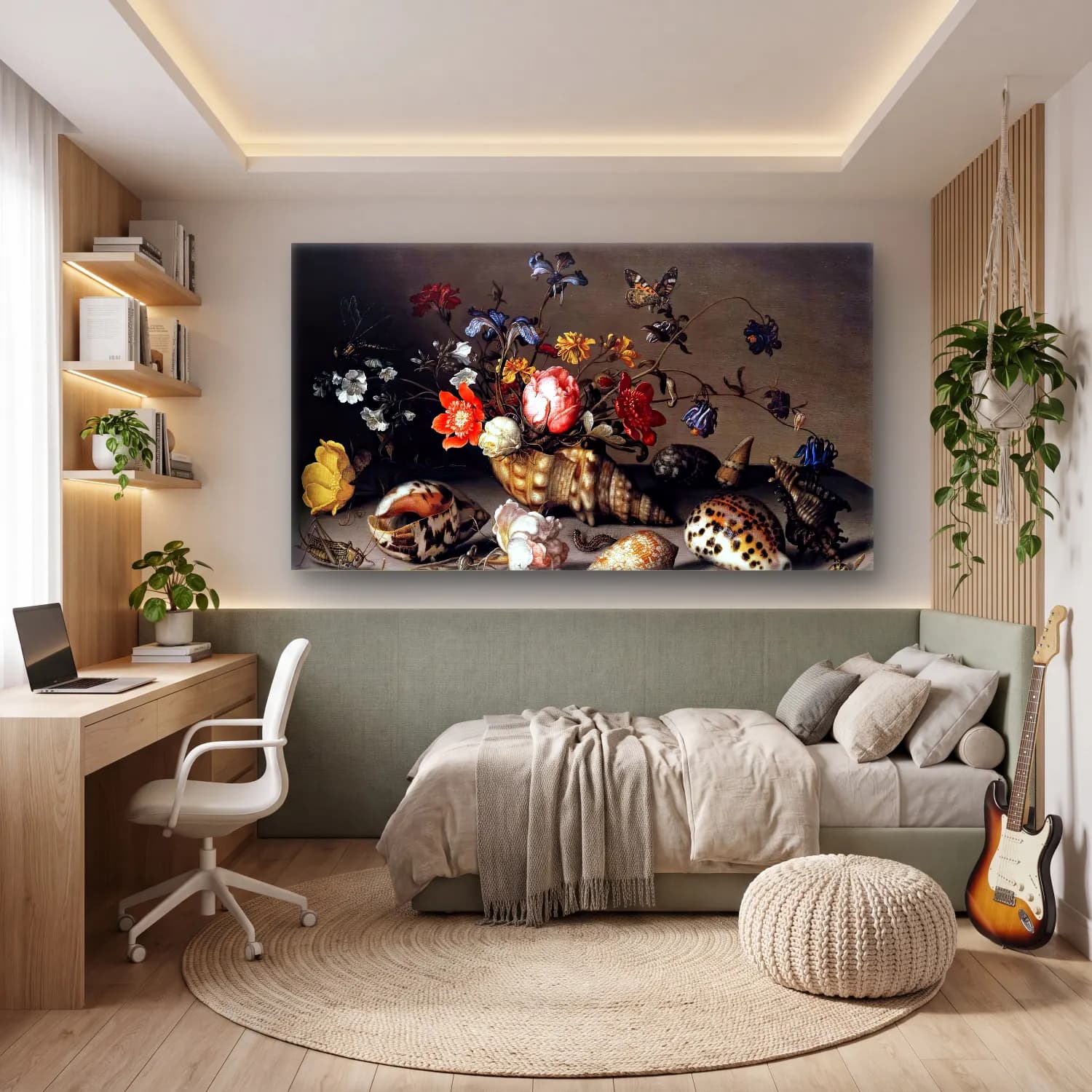 Balthasar van der Ast – Still-Life of Flowers, Shells, and Insects cam tablo — genç odasında