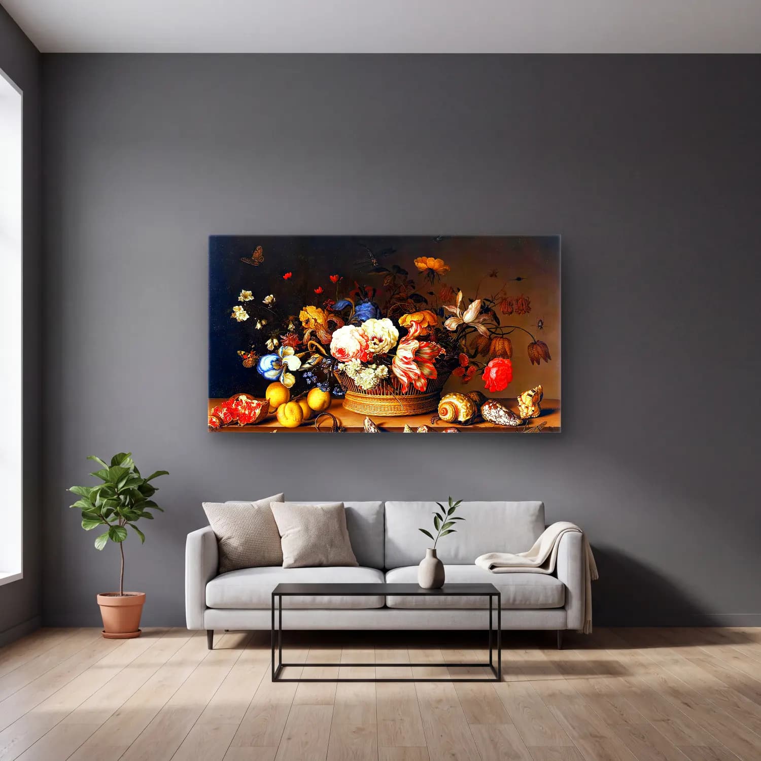 Balthasar van der Ast – Still-Life with a Basket of Flowers cam tablo — gri duvarlı salonda