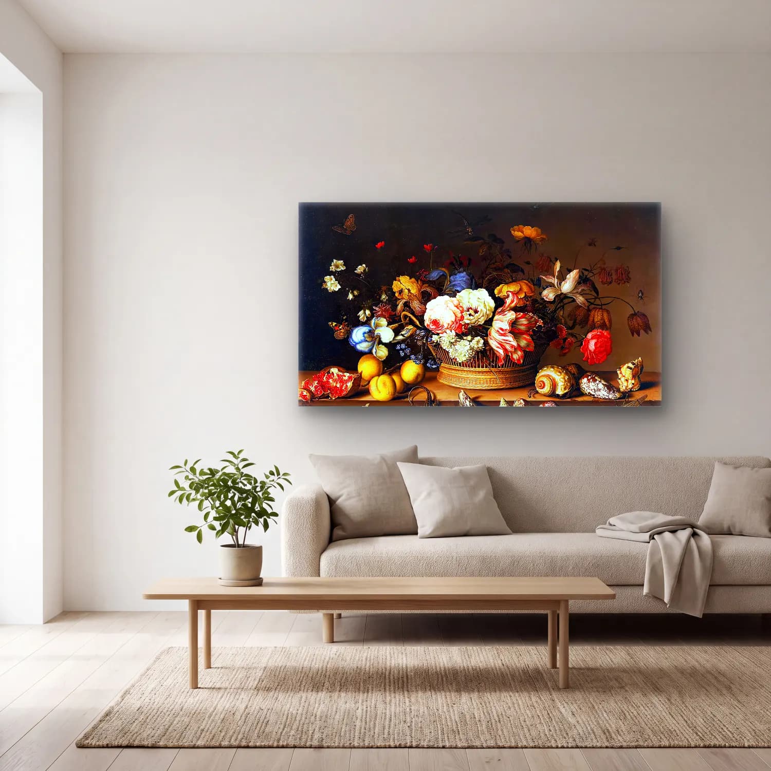 Balthasar van der Ast – Still-Life with a Basket of Flowers cam tablo — açık renk salonda