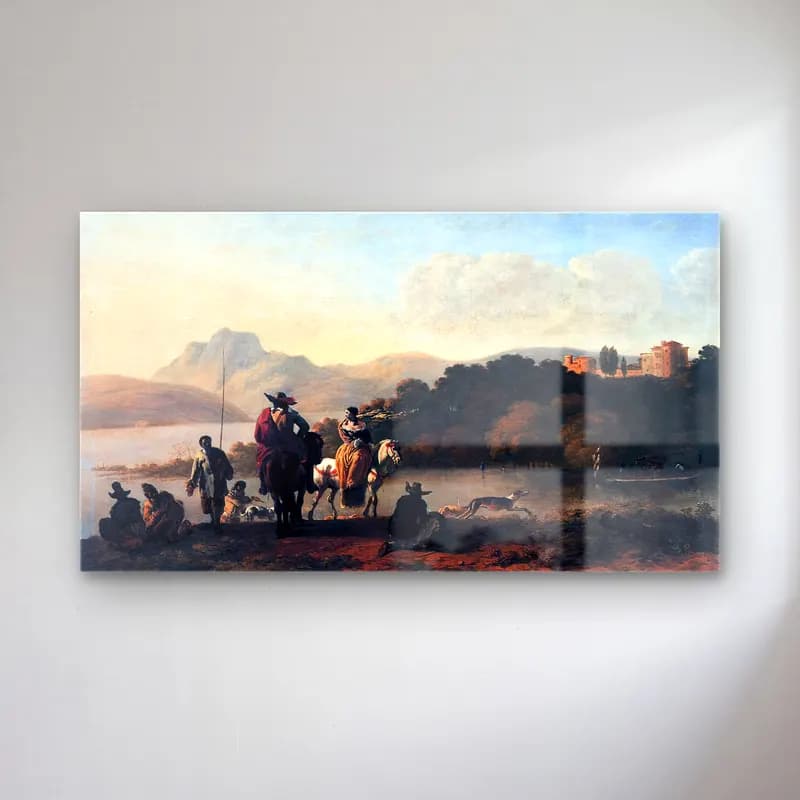 Karel Dujardin – Italian Landscape with Elegant Riders and Fishermen cam tablo — Karel Dujardin – Italian Landscape with Elegant Riders and Fishermen — yağlı boya dağ manzarası