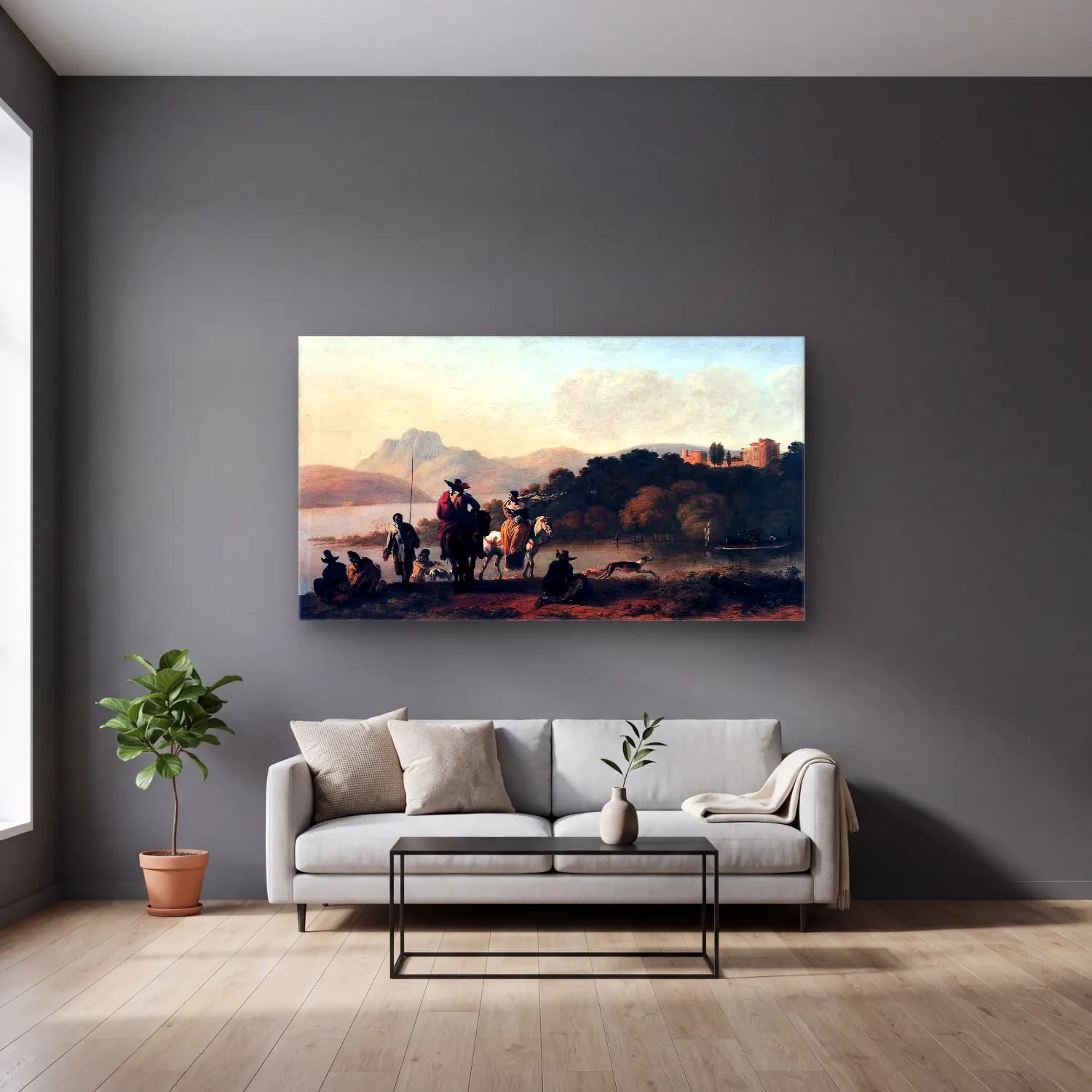 Karel Dujardin – Italian Landscape with Elegant Riders and Fishermen cam tablo — gri duvarlı salonda