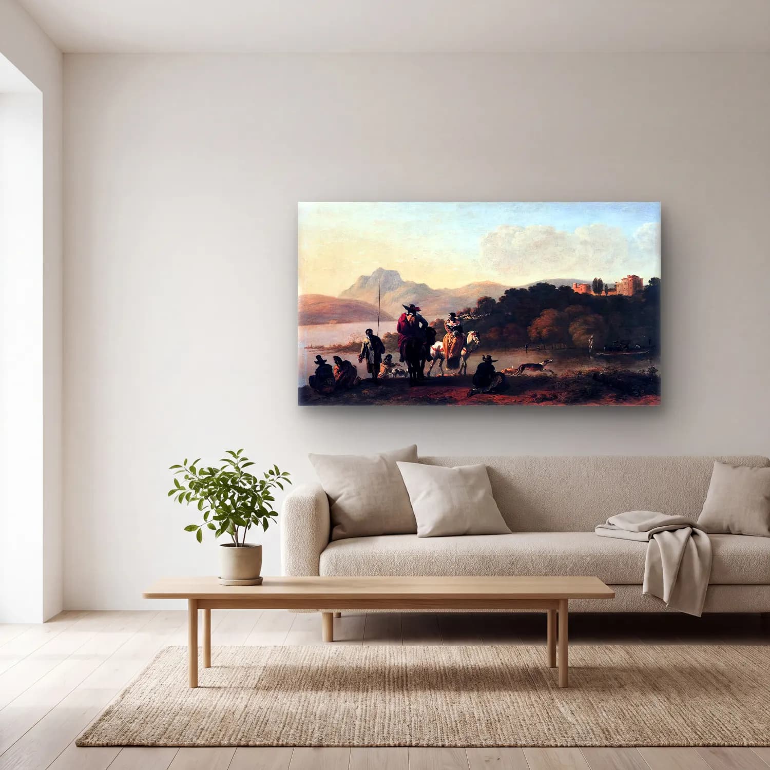 Karel Dujardin – Italian Landscape with Elegant Riders and Fishermen cam tablo — açık renk salonda