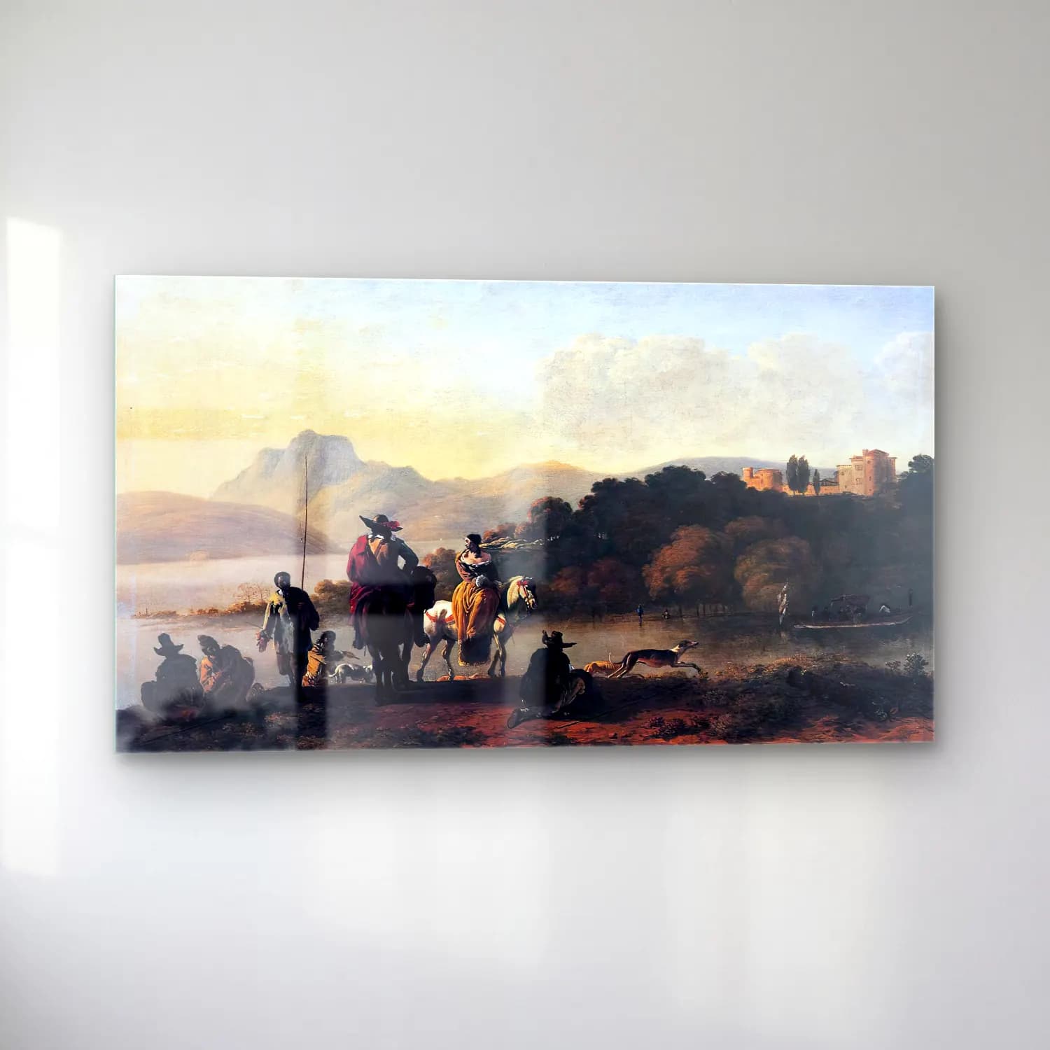 Karel Dujardin – Italian Landscape with Elegant Riders and Fishermen cam tablo — sol açıdan görünüm
