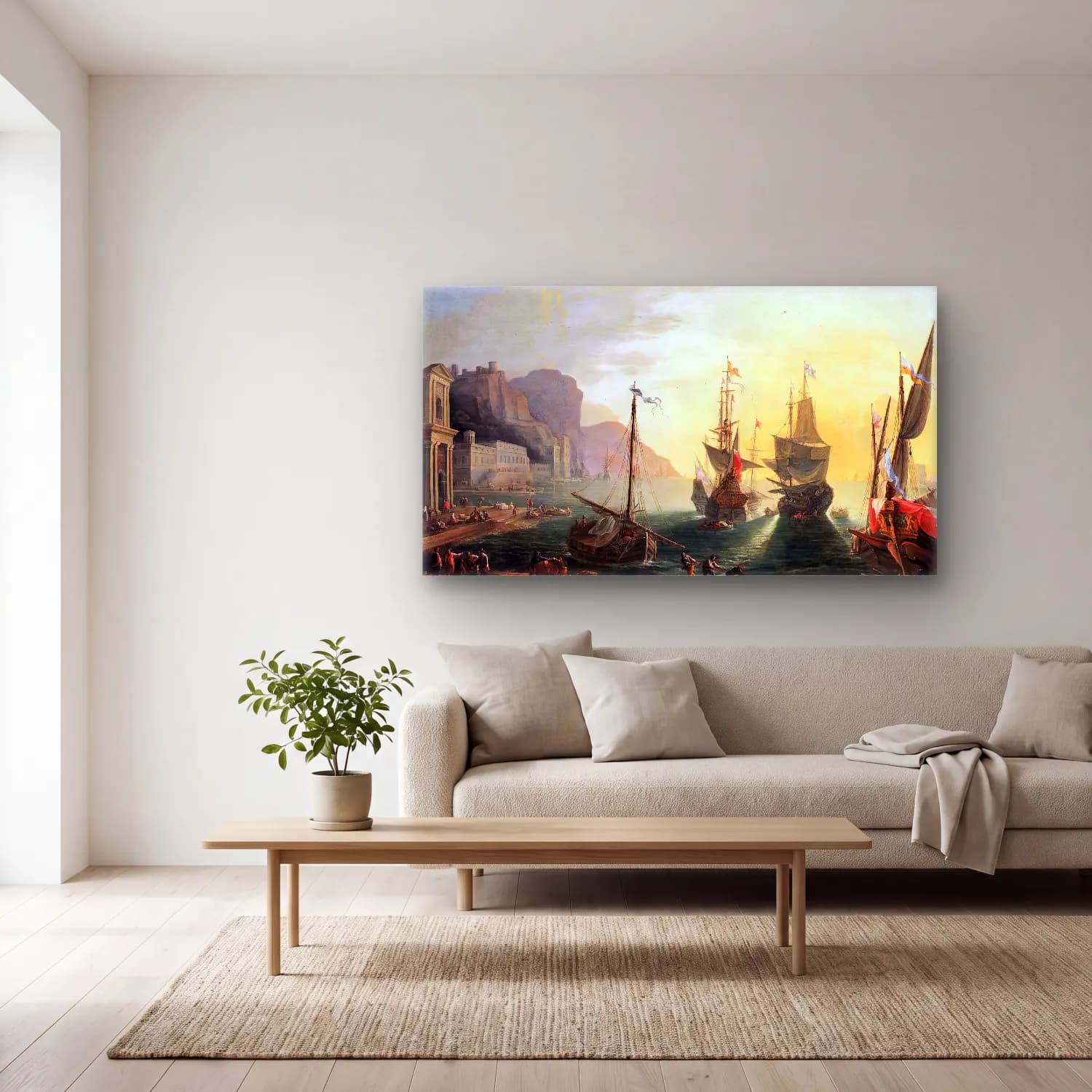 Adrien Manglard – View of a Southern Port cam tablo — açık renk salonda