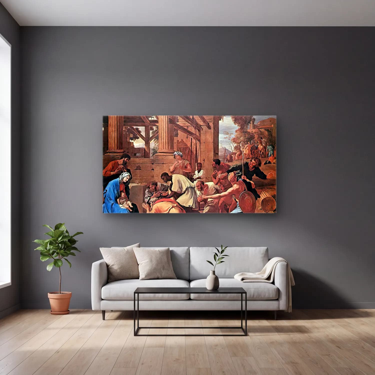 Nicolas Poussin – Adoration of the Magi cam tablo — gri duvarlı salonda