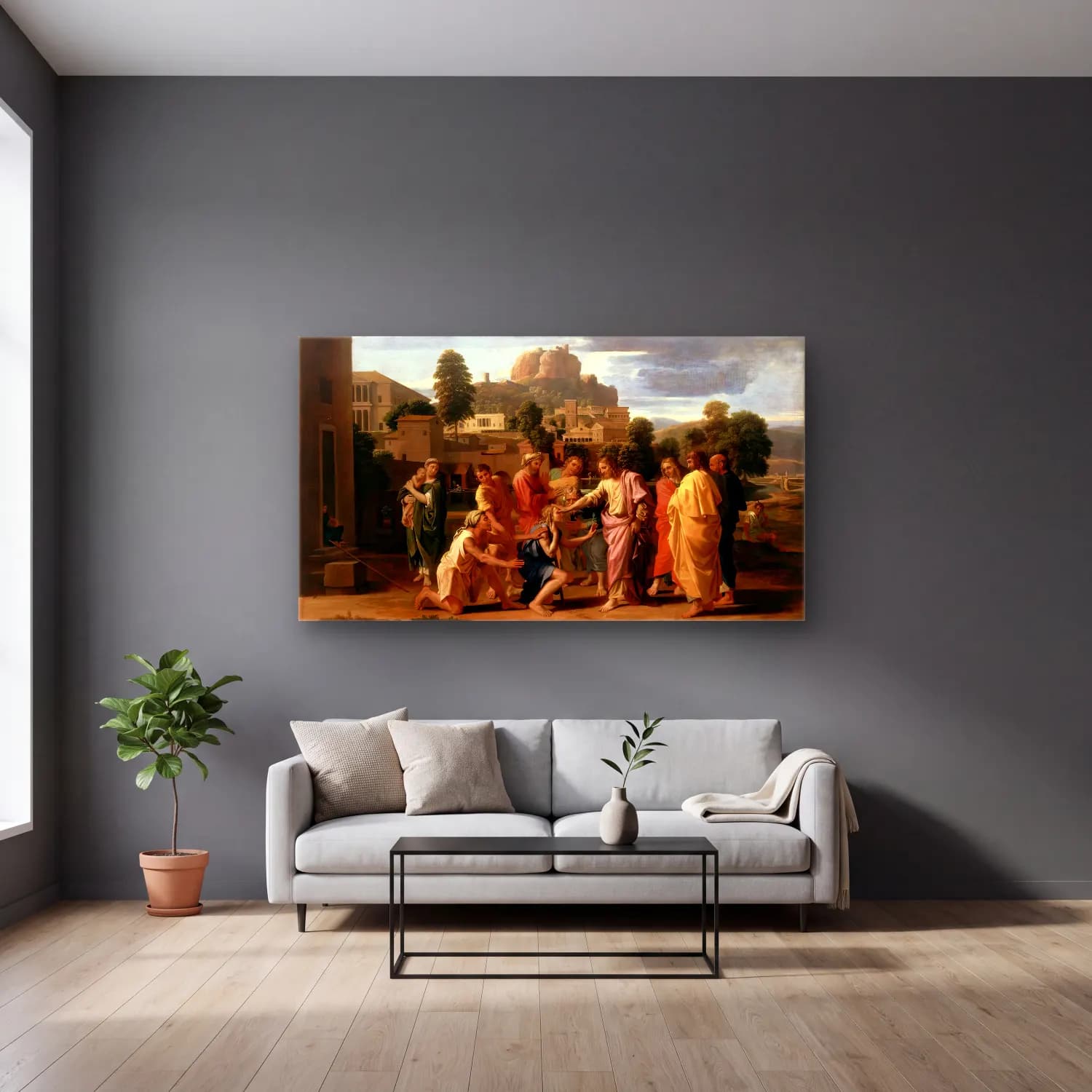 Nicolas Poussin – Christ Healing the Blind cam tablo — gri duvarlı salonda