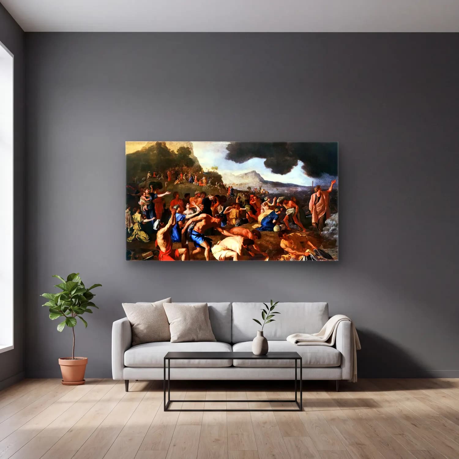 Nicolas Poussin – Crossing of the Red Sea cam tablo — gri duvarlı salonda