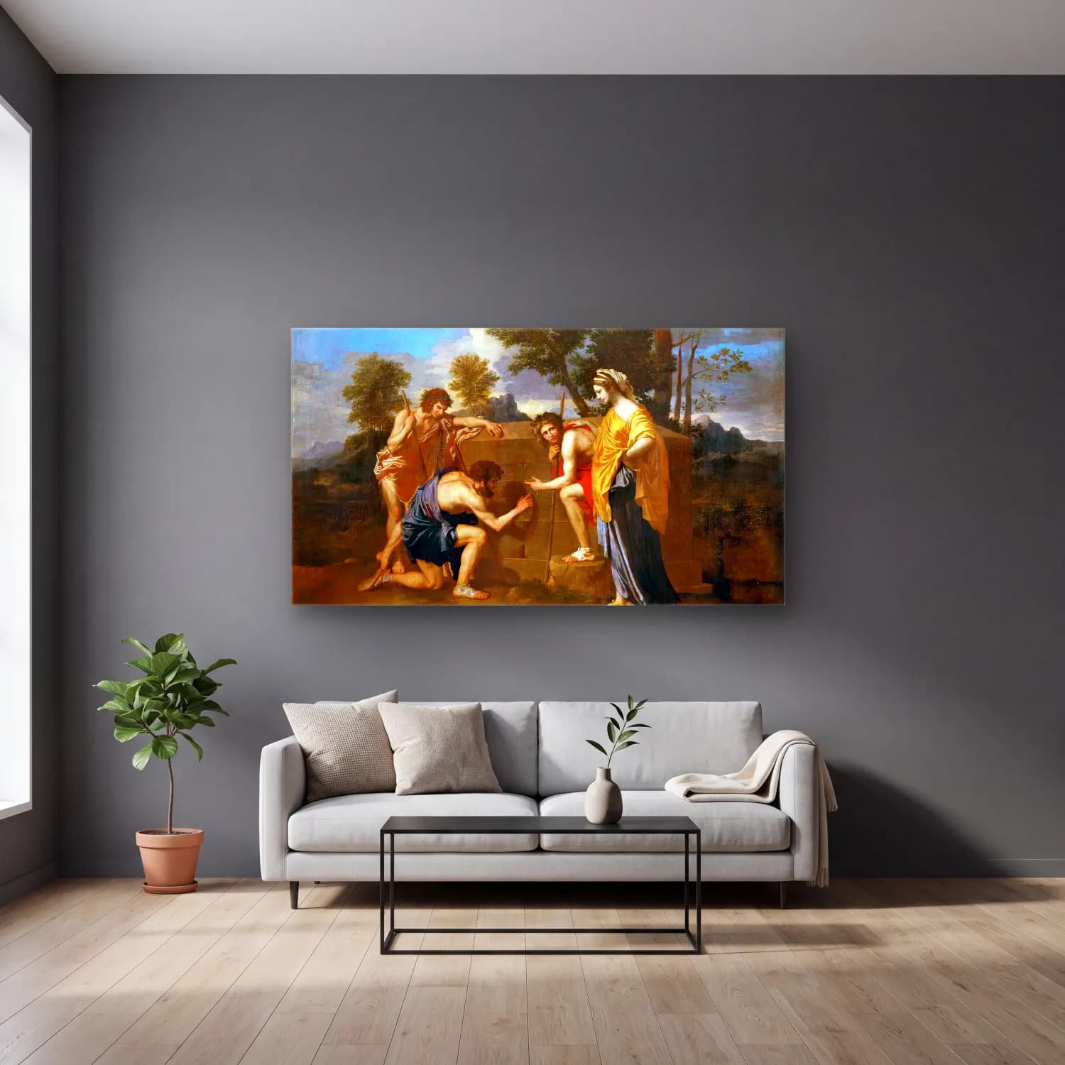 Nicolas Poussin – Et in Arcadia Ego II cam tablo — gri duvarlı salonda