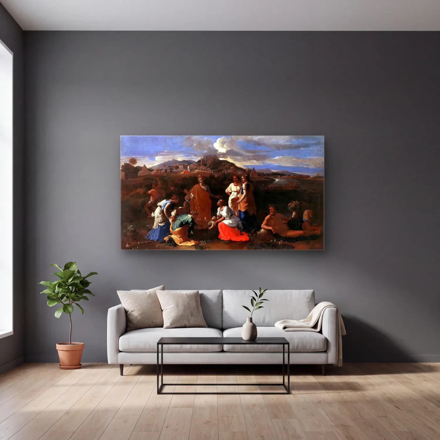 Nicolas Poussin – Finding of Moses II cam tablo — gri duvarlı salonda