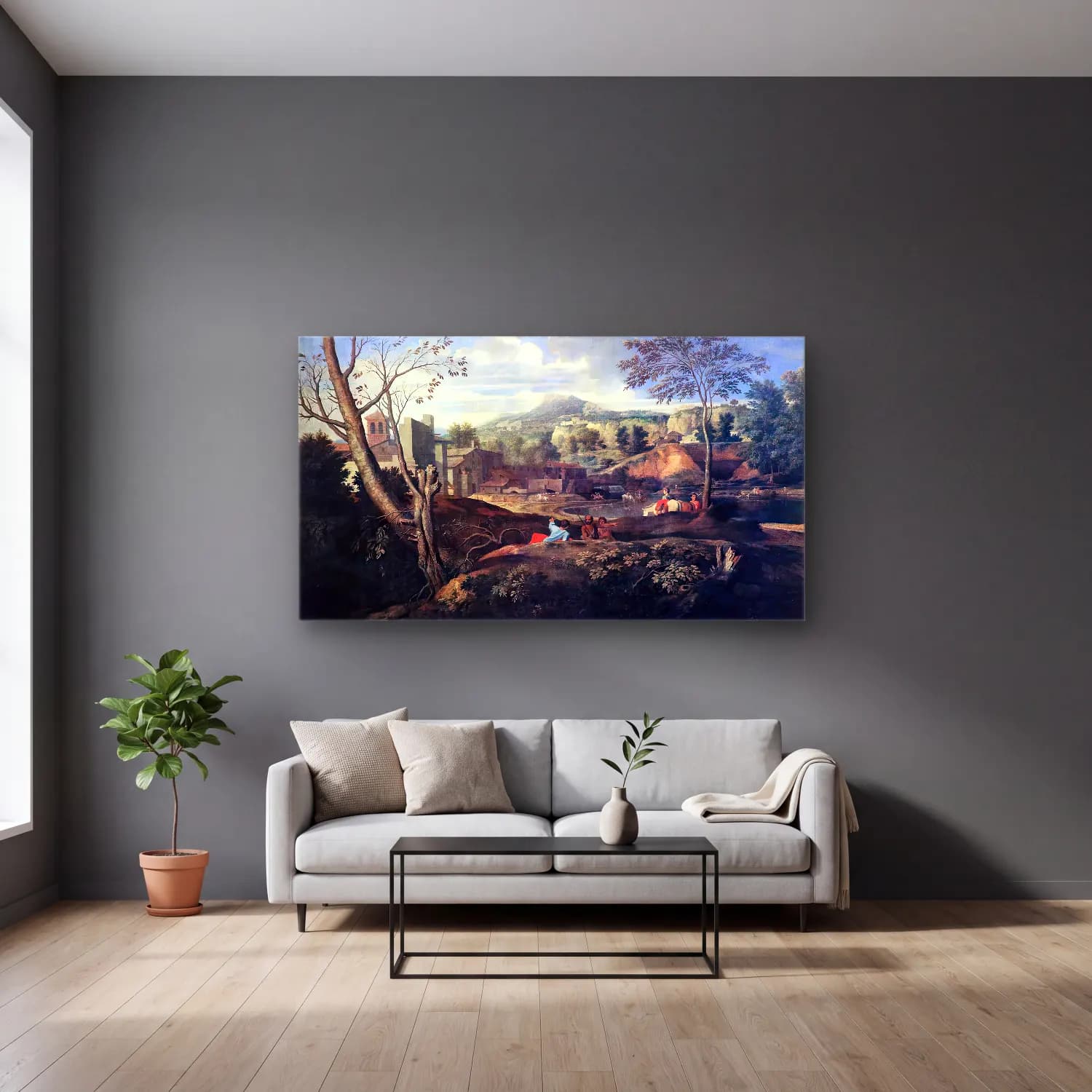 Nicolas Poussin – Ideal Landscape cam tablo — gri duvarlı salonda