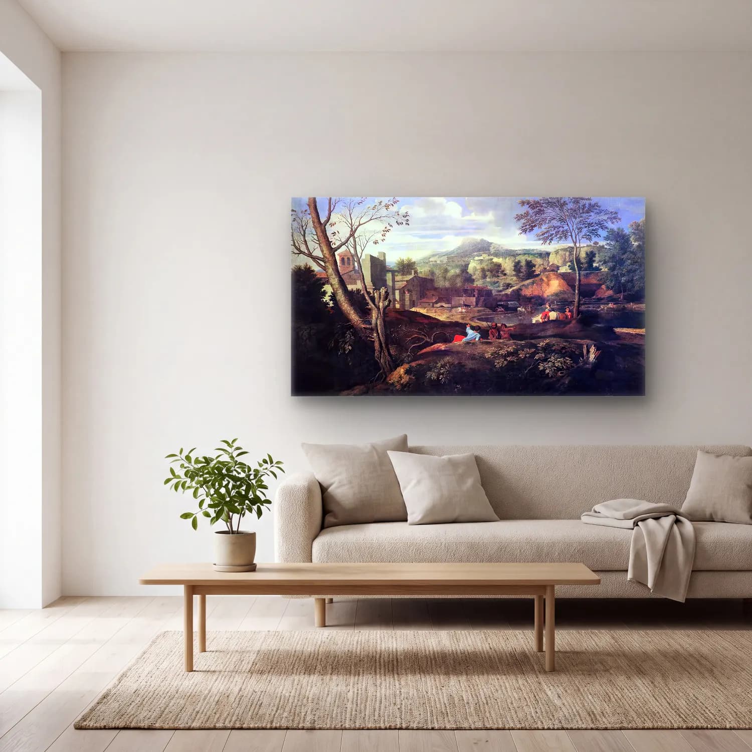 Nicolas Poussin – Ideal Landscape cam tablo — açık renk salonda