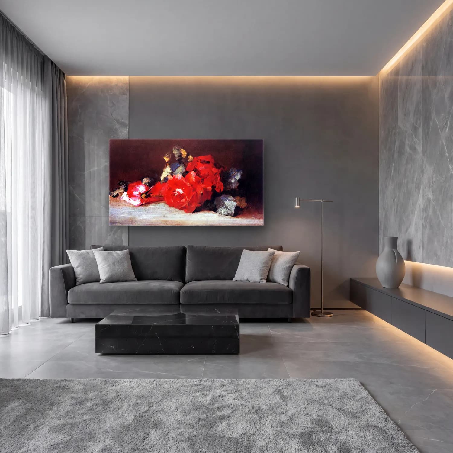 Károly Ferenczy – Cut Roses cam tablo — lüks salon duvarında