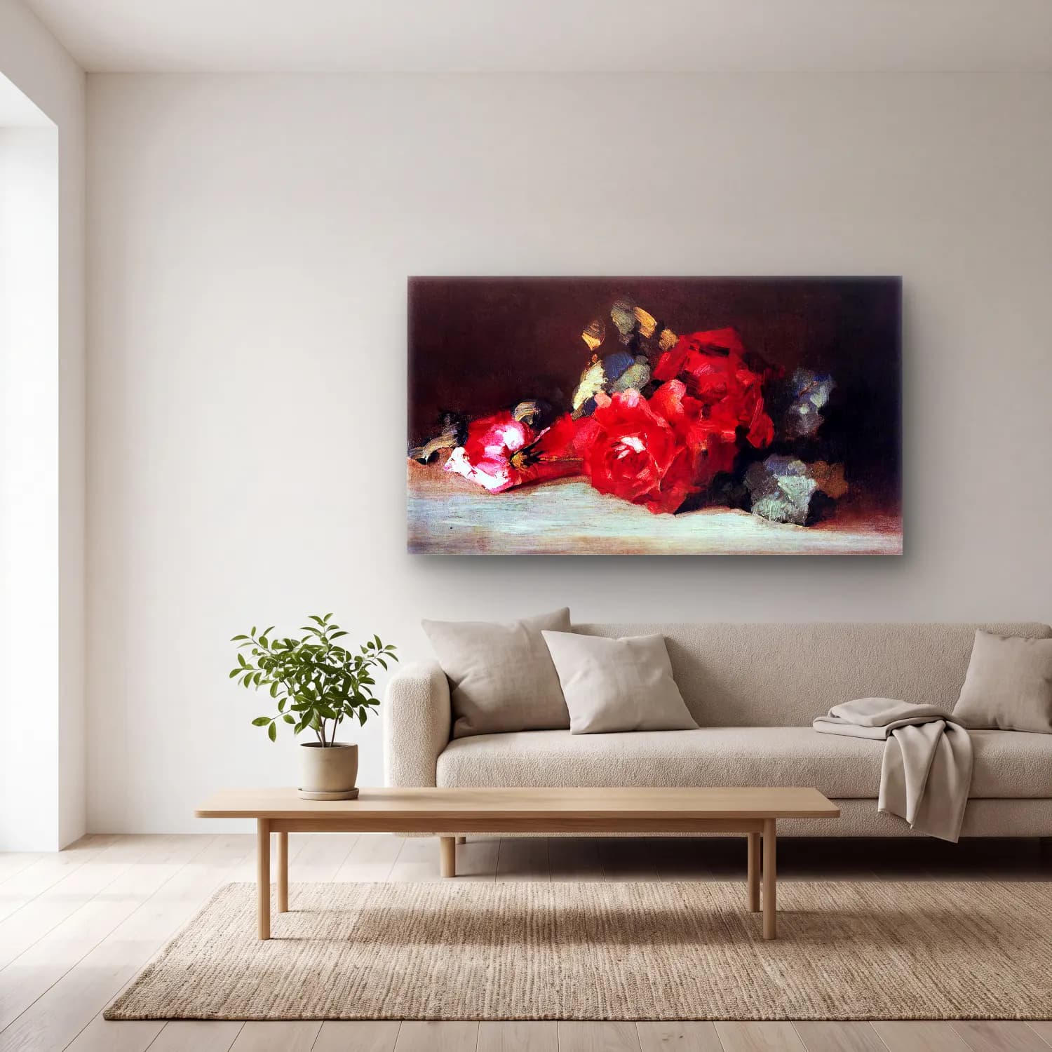 Károly Ferenczy – Cut Roses cam tablo — açık renk salonda